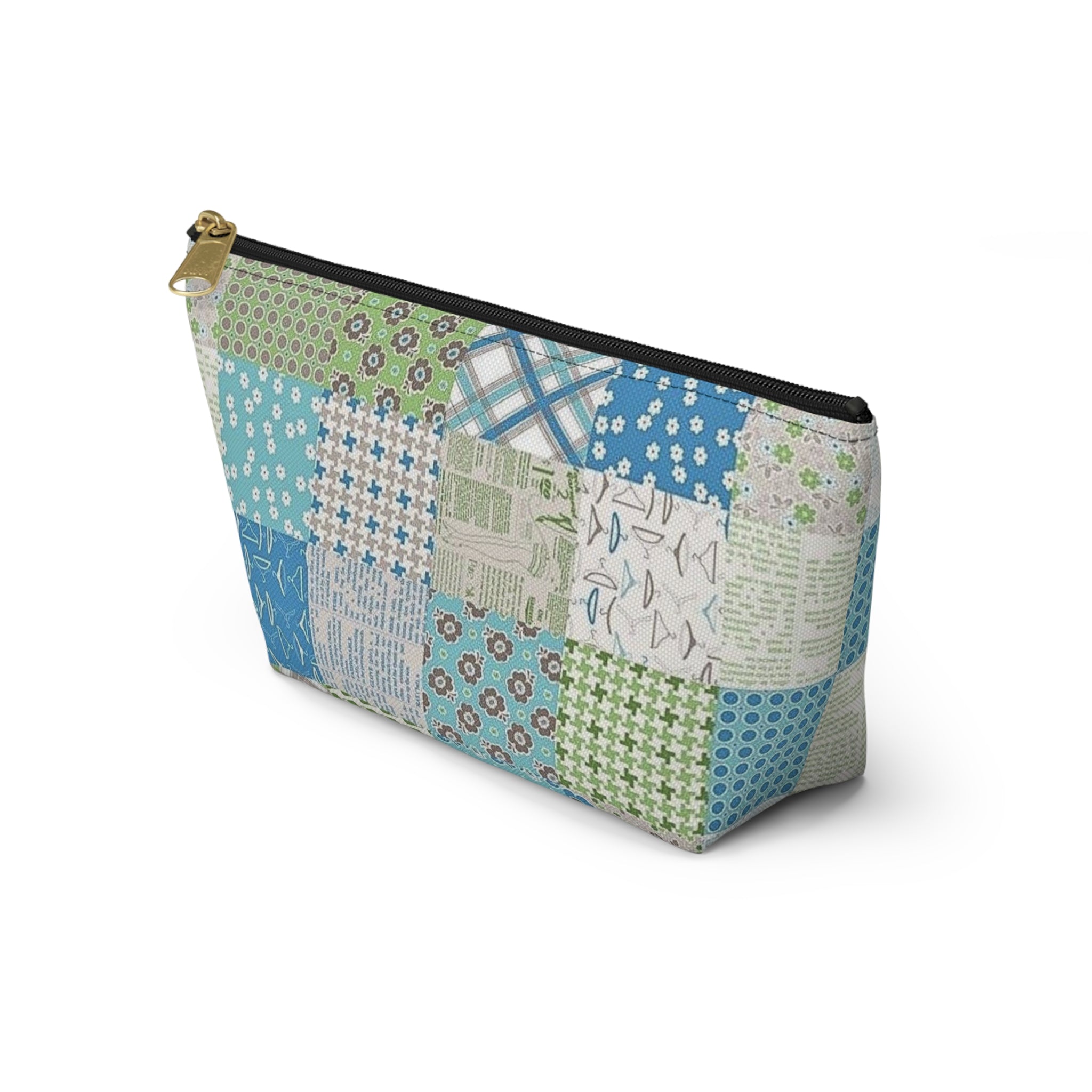 Blue & Green Patchwork Accessory Pouch — Zippered T‑Bottom Bag