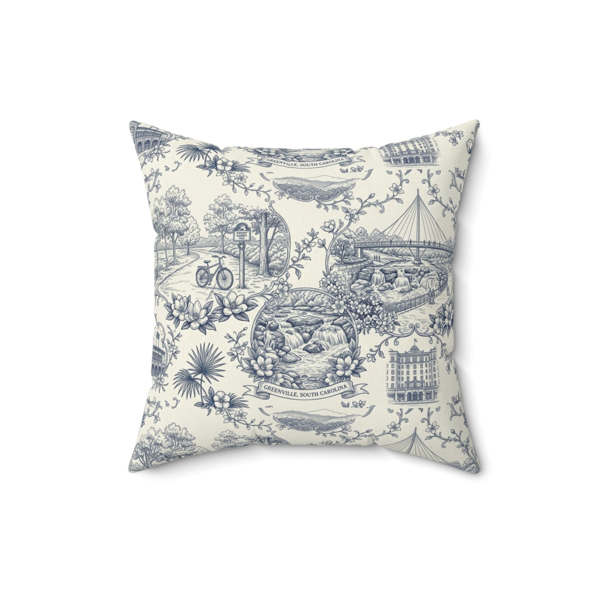 Greenville SC Toile Square Pillow — Southern Cityscape Decorative Pillow
