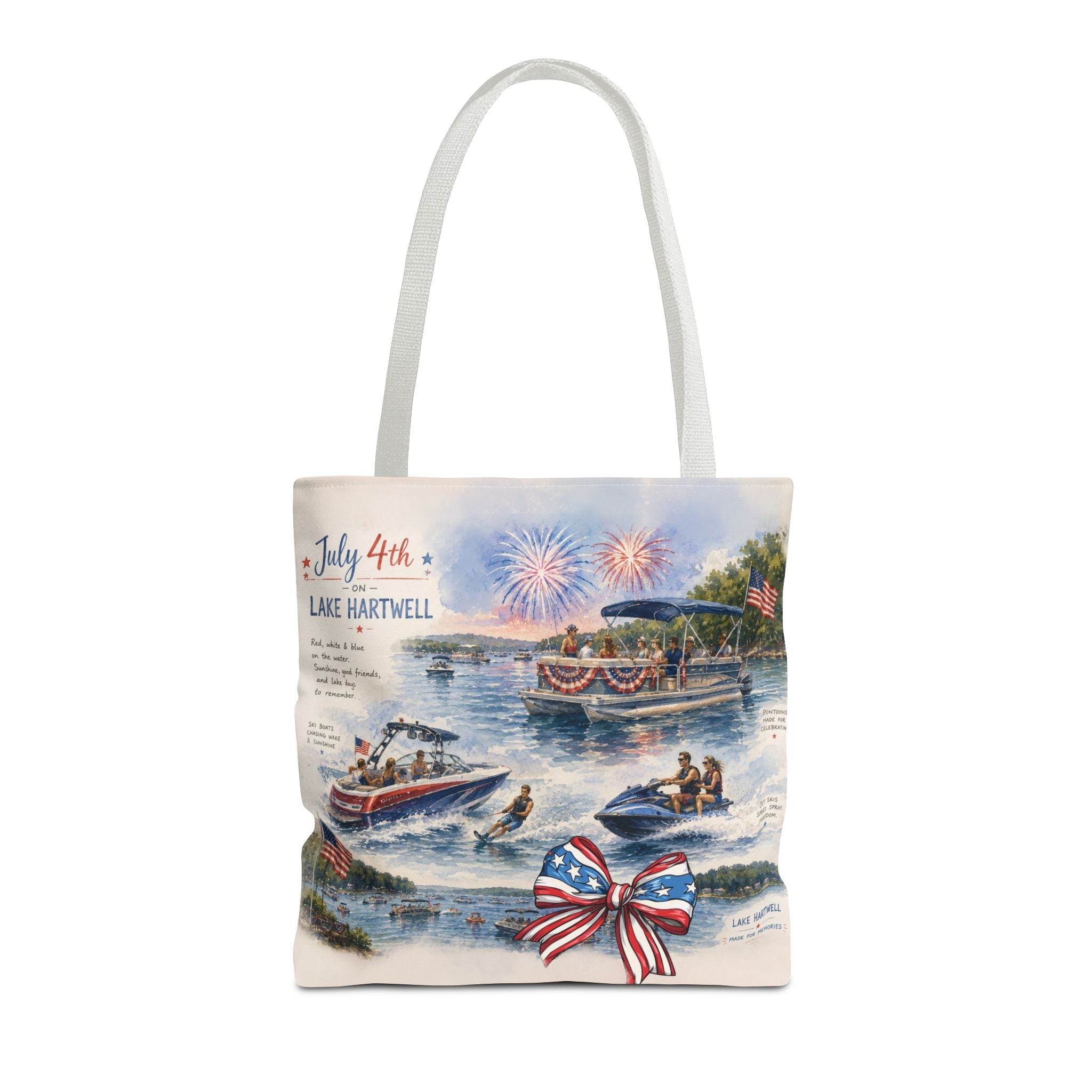 Patriotic 4th of July Lake Scene Tote Bag — 'July 4th Lake Hartwell' American Flag Bow