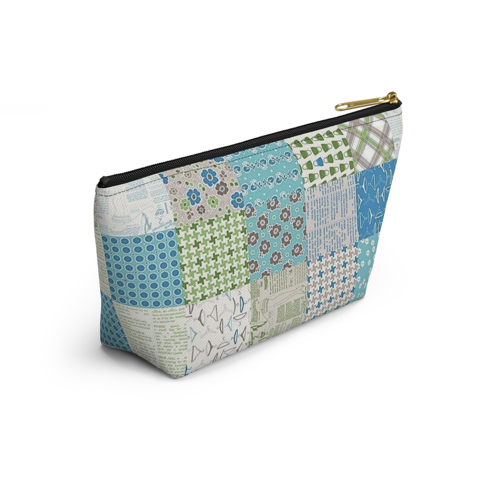 Blue & Green Patchwork Accessory Pouch — Zippered T‑Bottom Bag