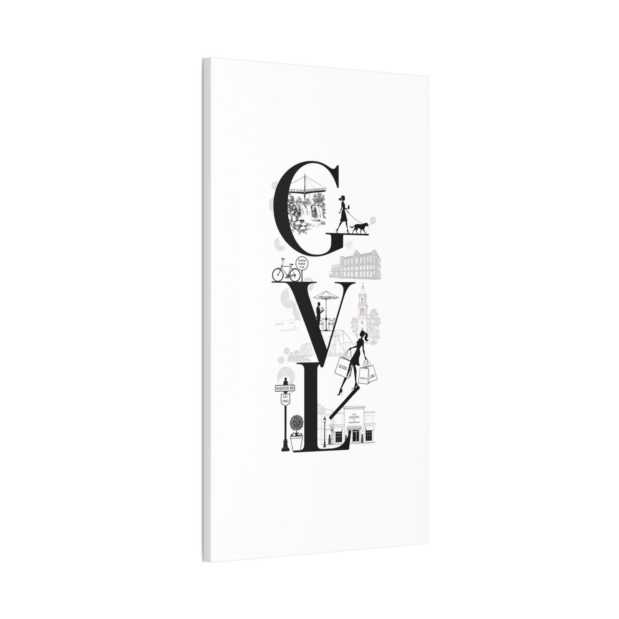 Greenville SC City Vibes Canvas Wall Art  ‘GVL’ Fashion & Travel Silhouette Print