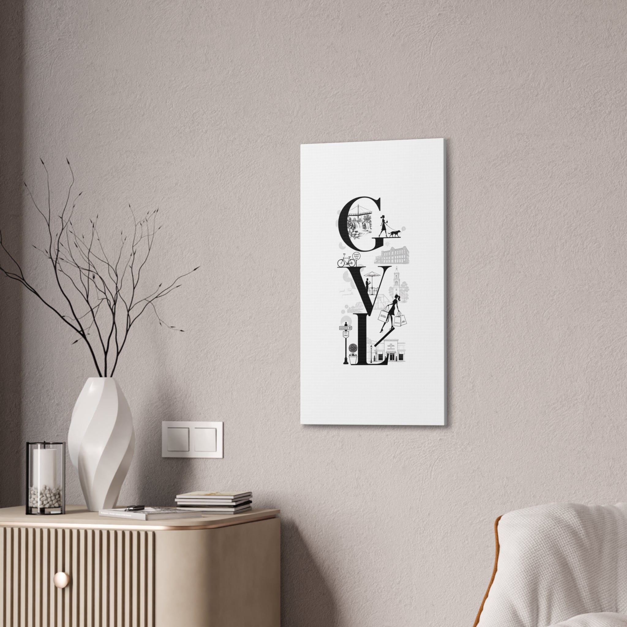 Greenville SC City Vibes Canvas Wall Art  ‘GVL’ Fashion & Travel Silhouette Print