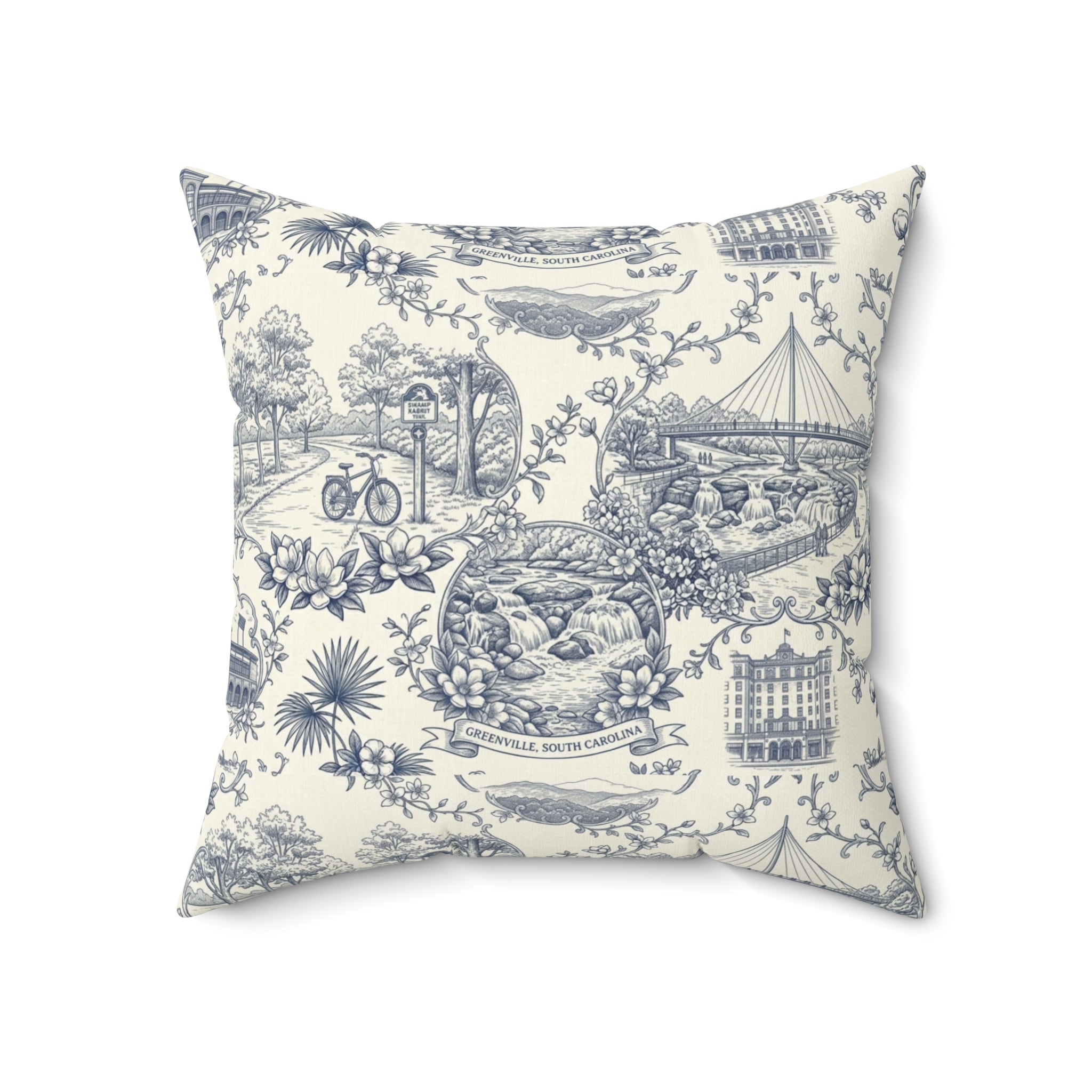Greenville SC Toile Square Pillow — Southern Cityscape Decorative Pillow