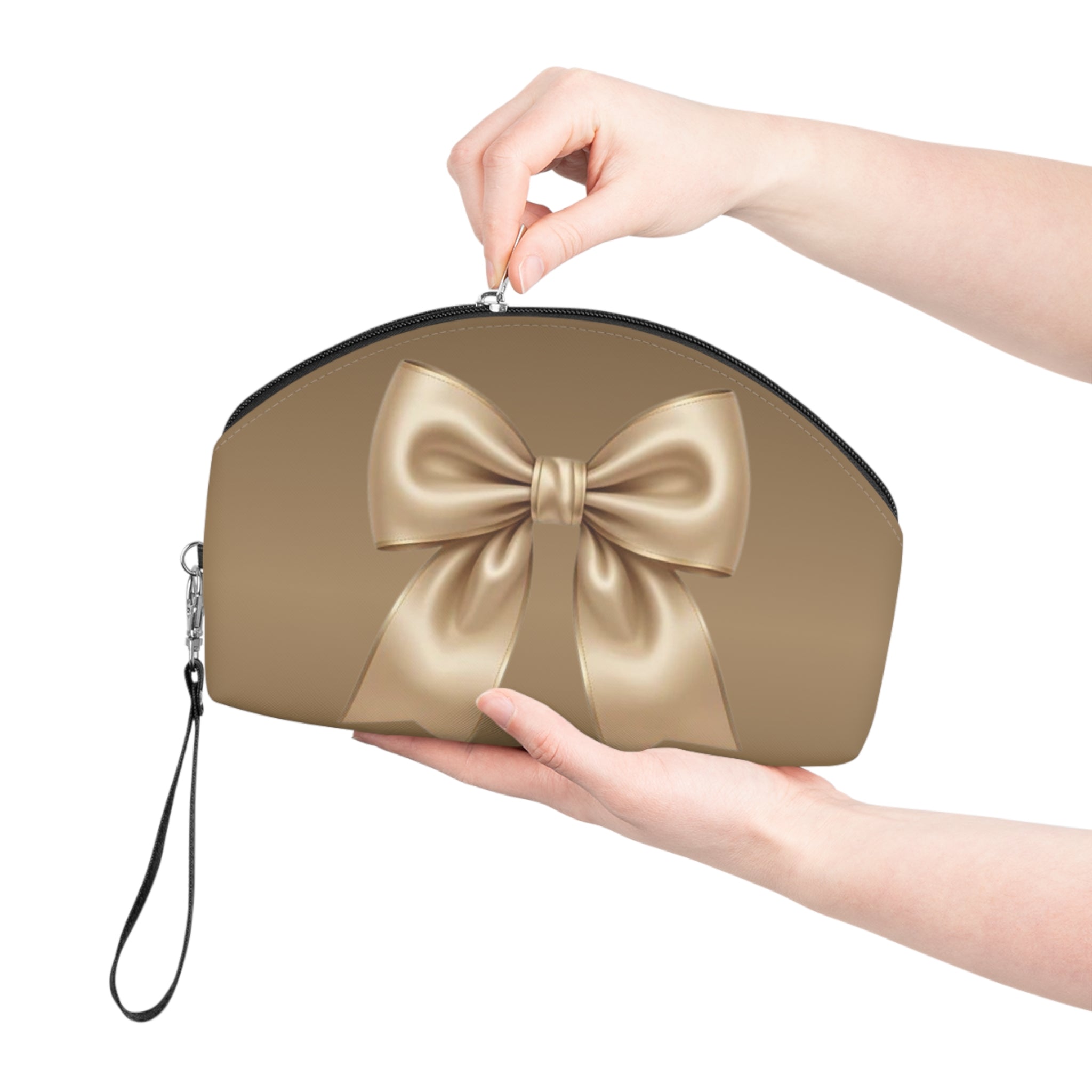Gold Satin Bow Makeup Bag — Elegant Cosmetic Pouch for Travel & Gifts