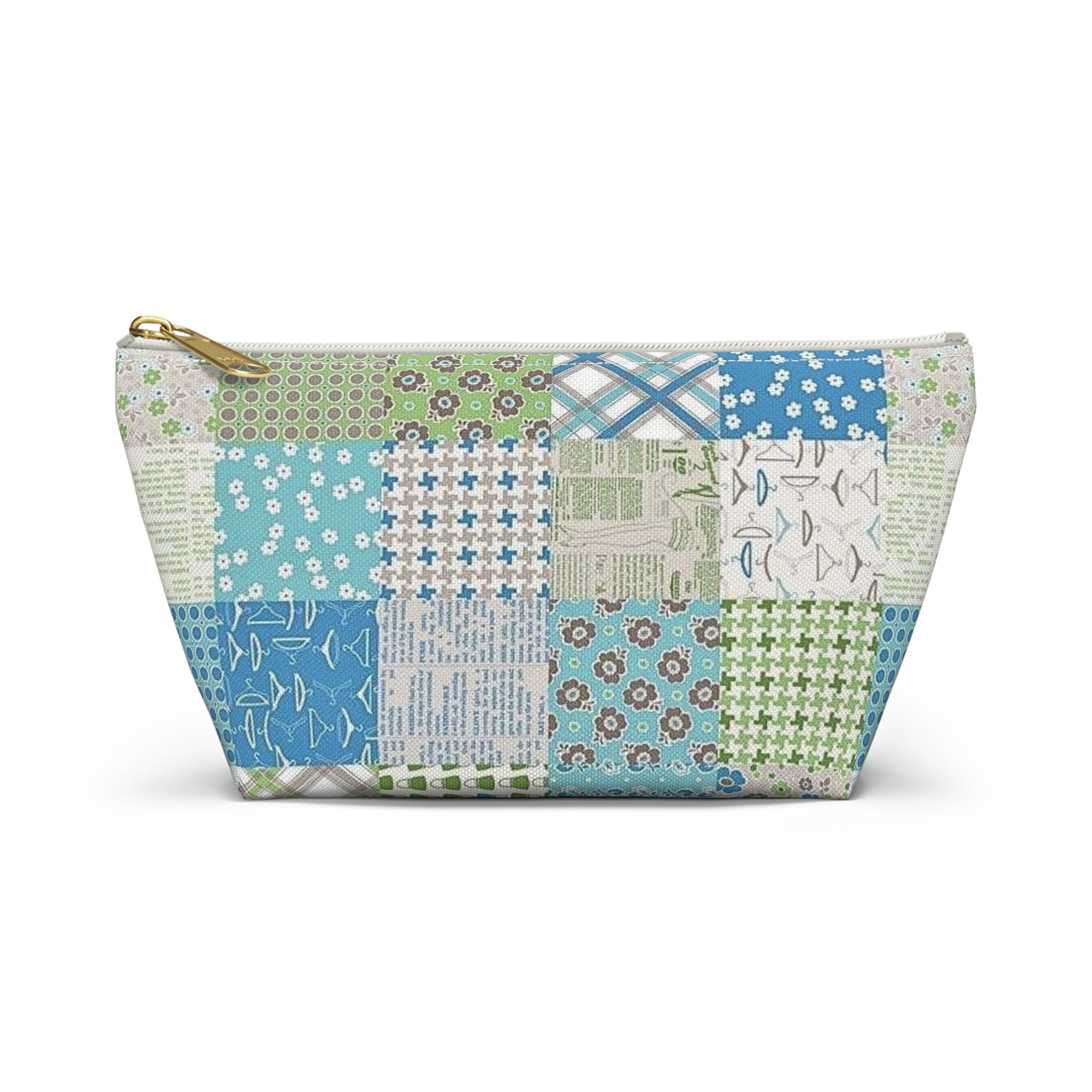 Blue & Green Patchwork Accessory Pouch — Zippered T‑Bottom Bag