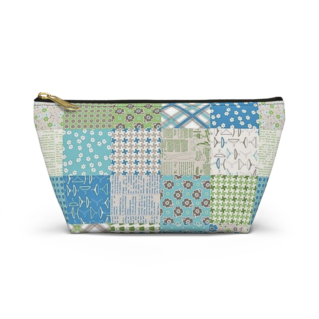 Blue & Green Patchwork Accessory Pouch — Zippered T‑Bottom Bag