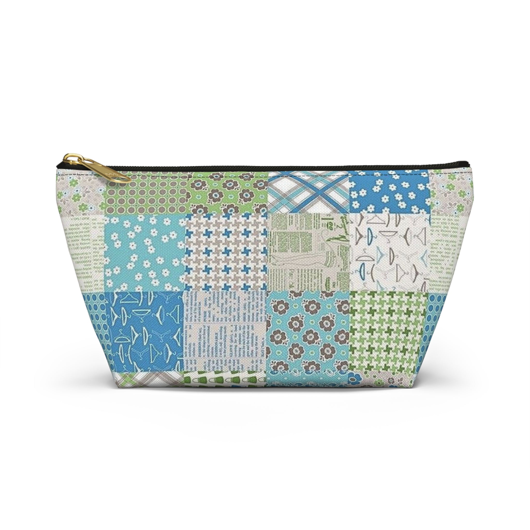 Blue & Green Patchwork Accessory Pouch — Zippered T‑Bottom Bag