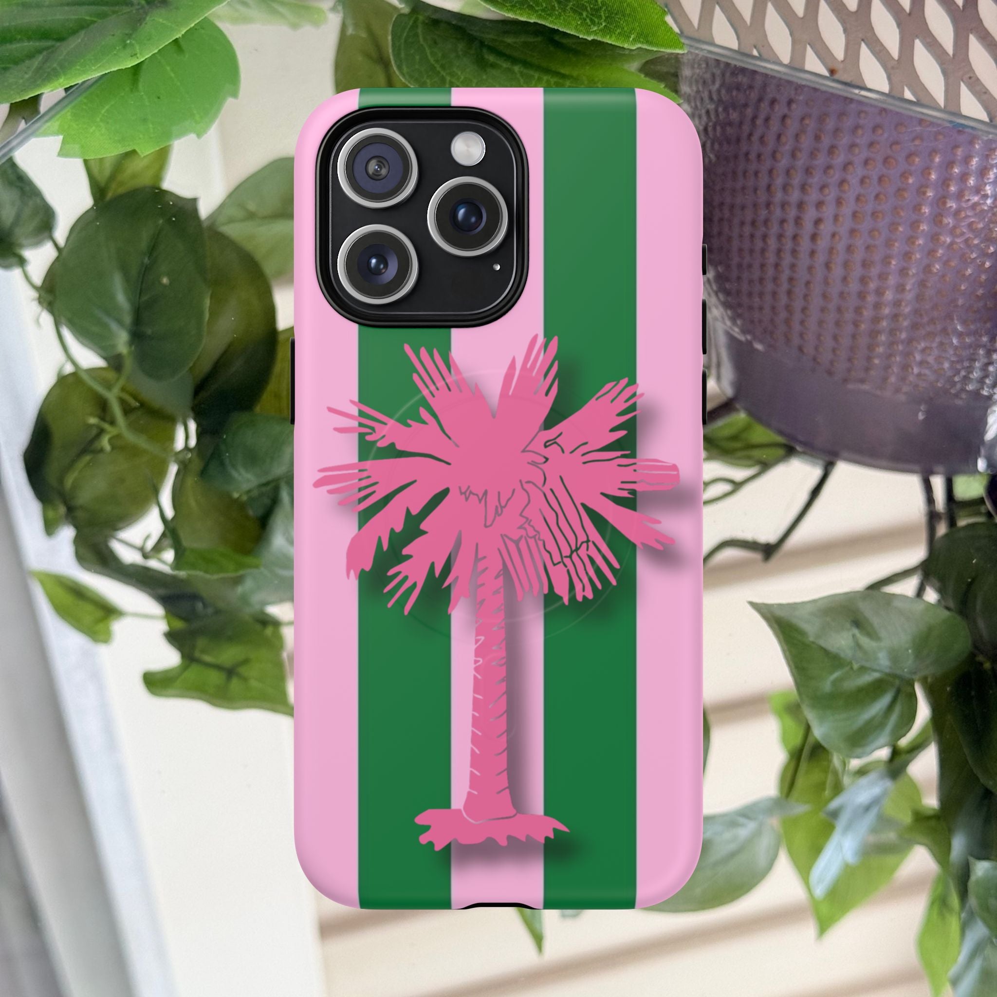 Preppy Pink & Green Striped Palm Magnetic Phone Case