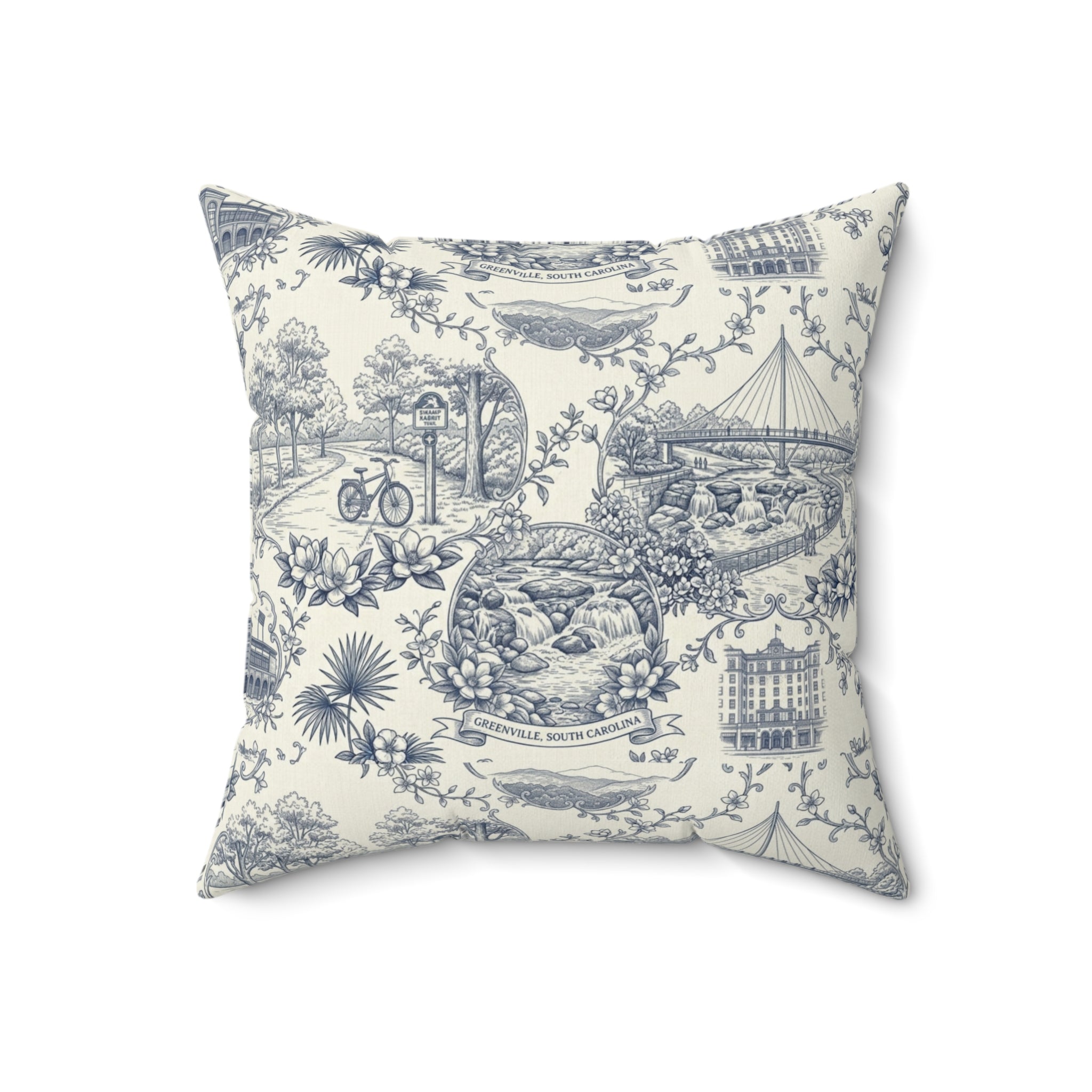 Greenville SC Toile Square Pillow — Southern Cityscape Decorative Pillow