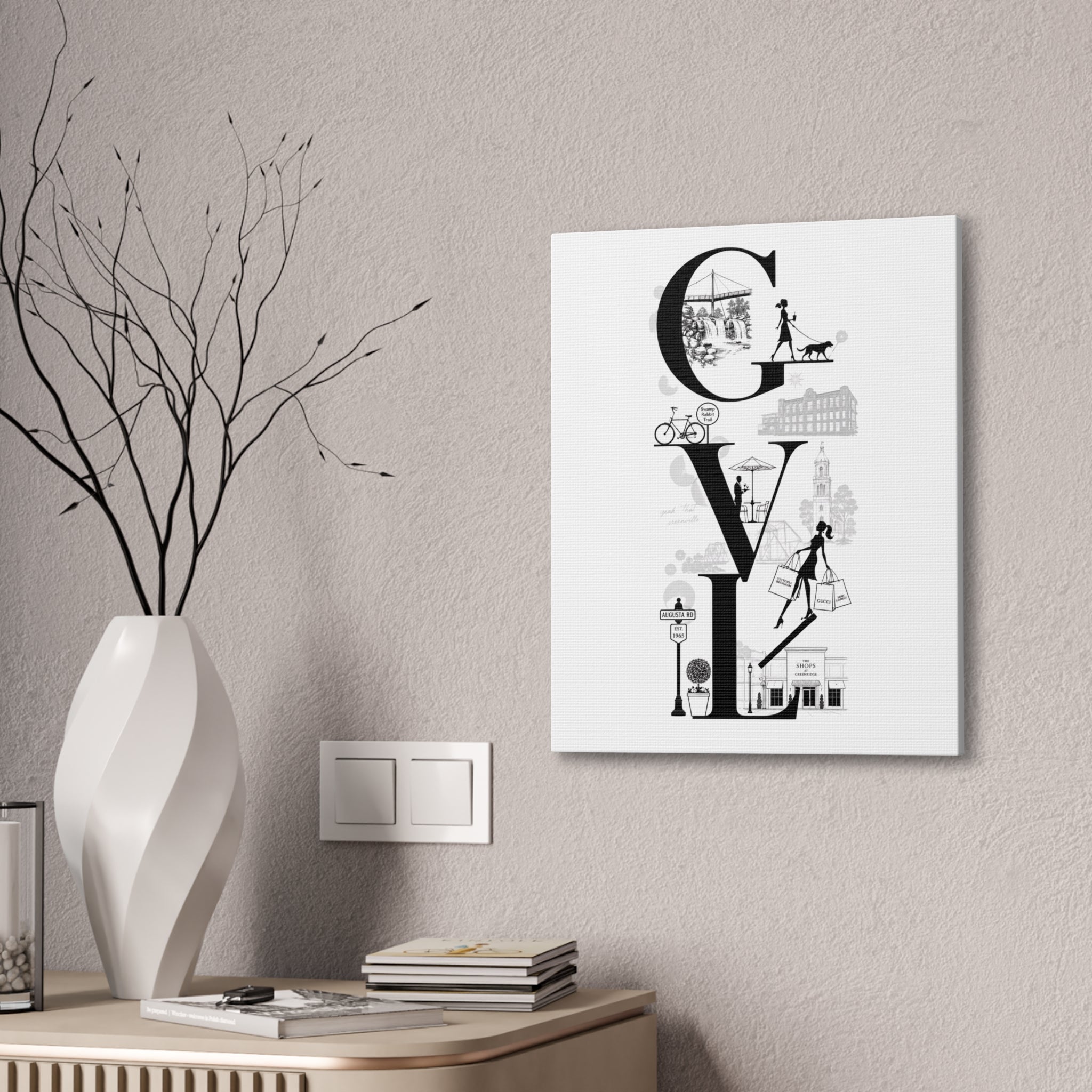 Greenville SC City Vibes Canvas Wall Art  ‘GVL’ Fashion & Travel Silhouette Print