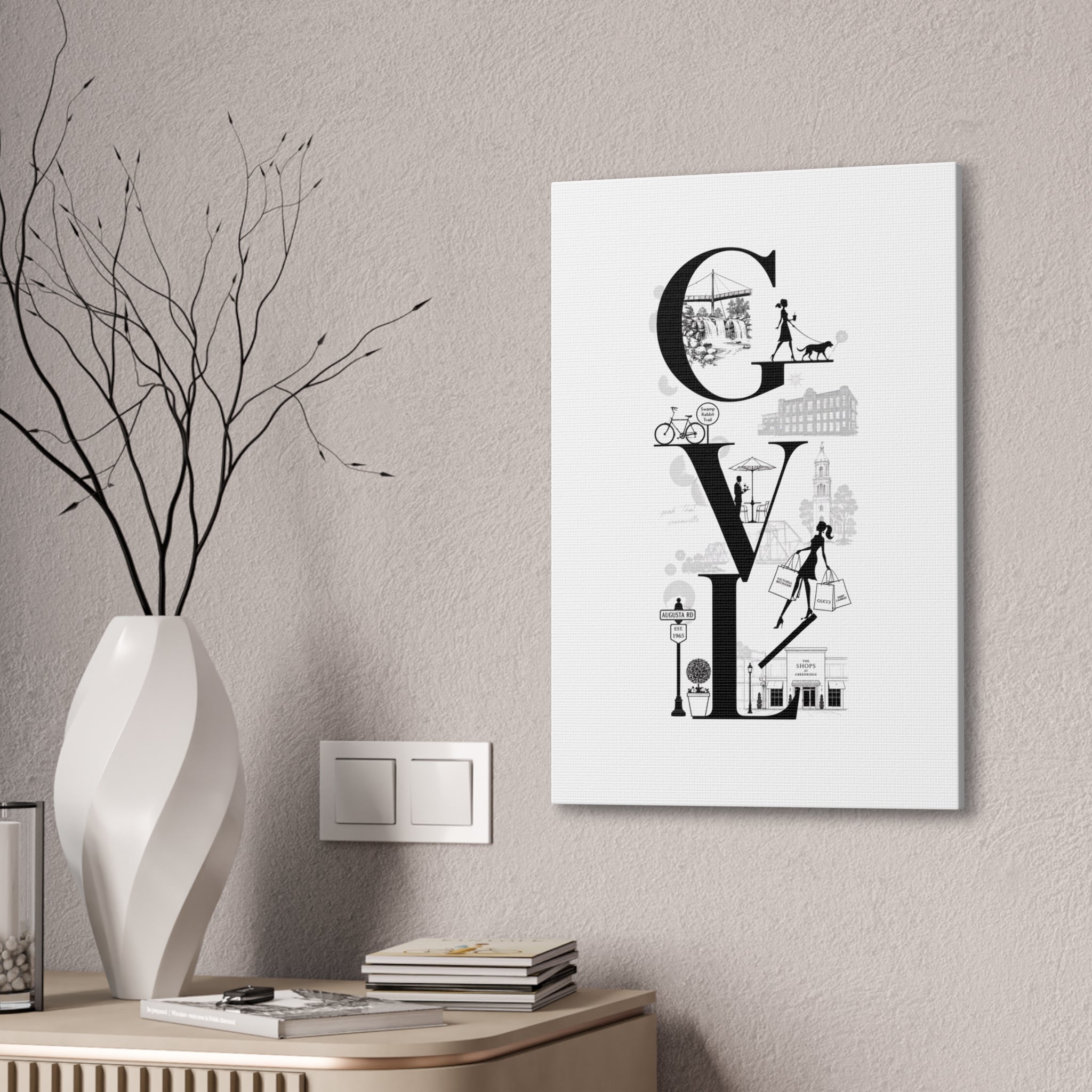 Greenville SC City Vibes Canvas Wall Art  ‘GVL’ Fashion & Travel Silhouette Print