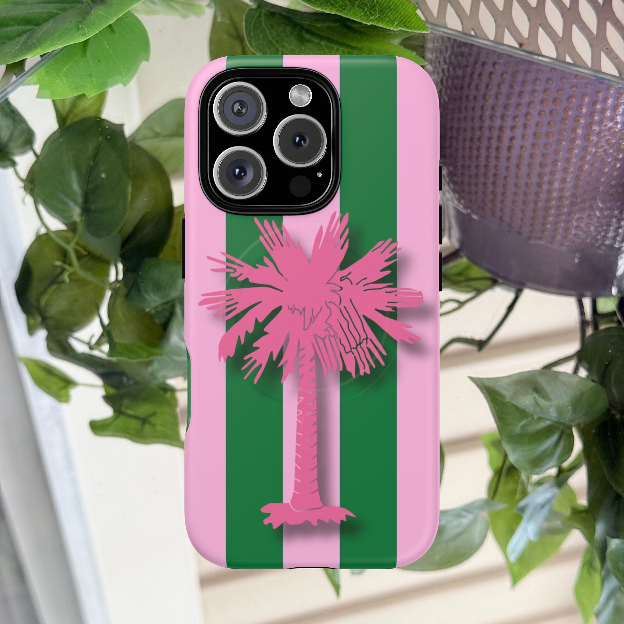 Preppy Pink & Green Striped Palm Magnetic Phone Case