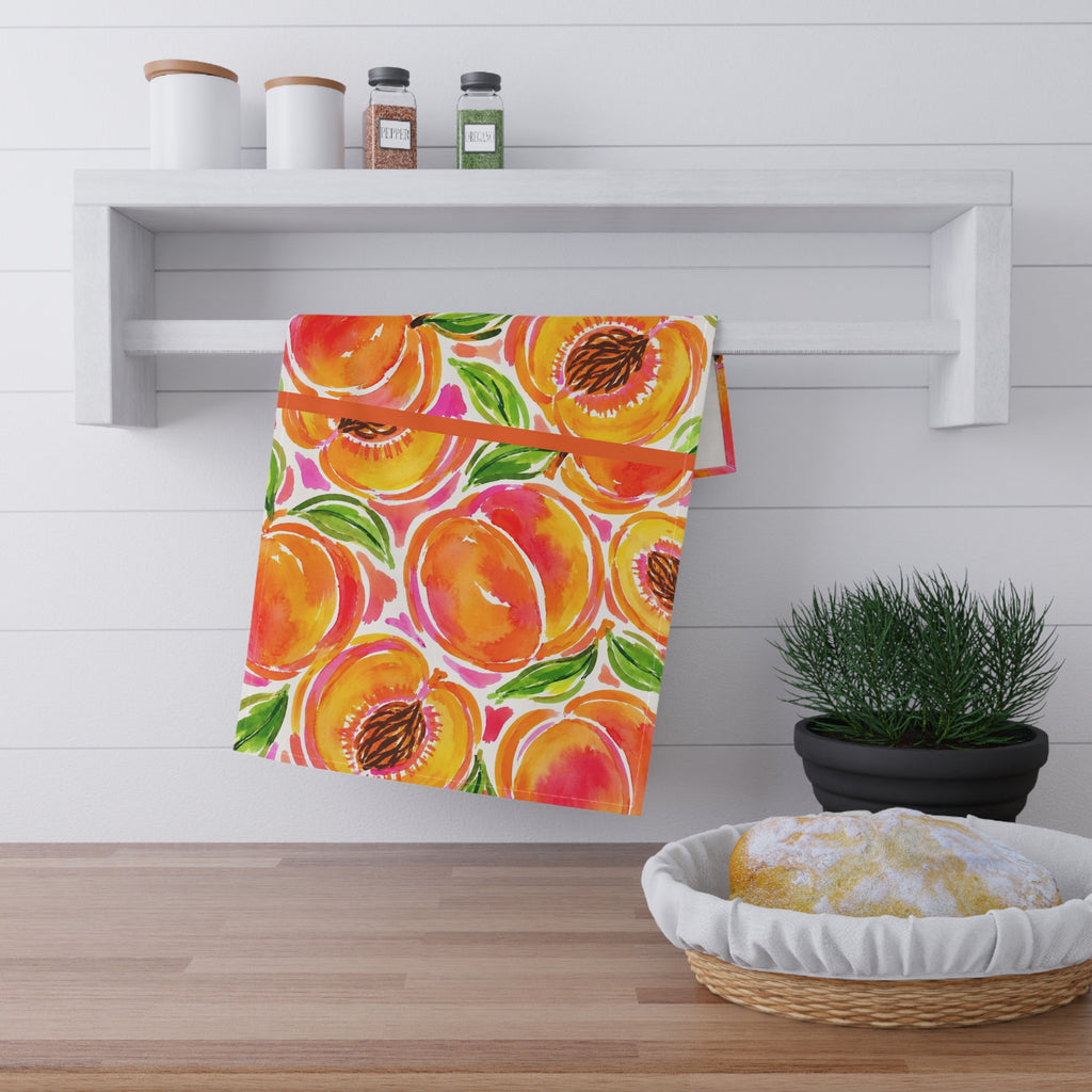 Peach Watercolor Cotton Tea Towel Bright Summer Kitchen Hand Towel