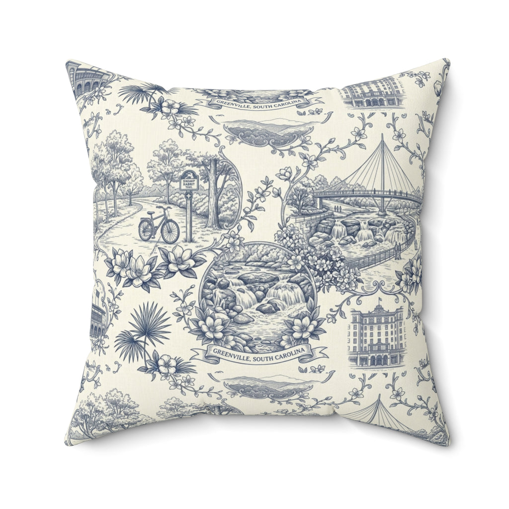 Greenville SC Blue Toile Square Pillow Southern Cityscape Decorative Pillow