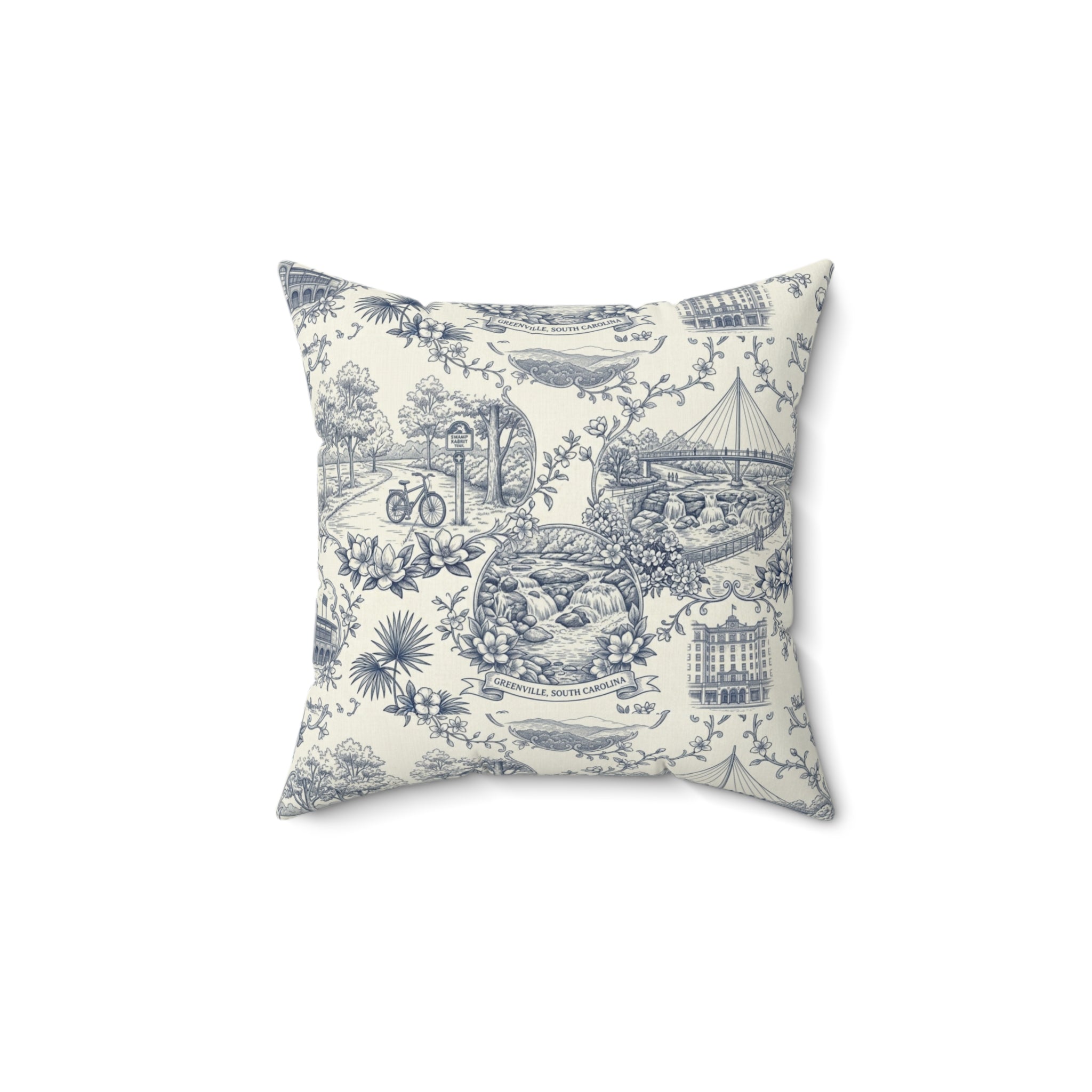 Greenville SC Toile Square Pillow — Southern Cityscape Decorative Pillow
