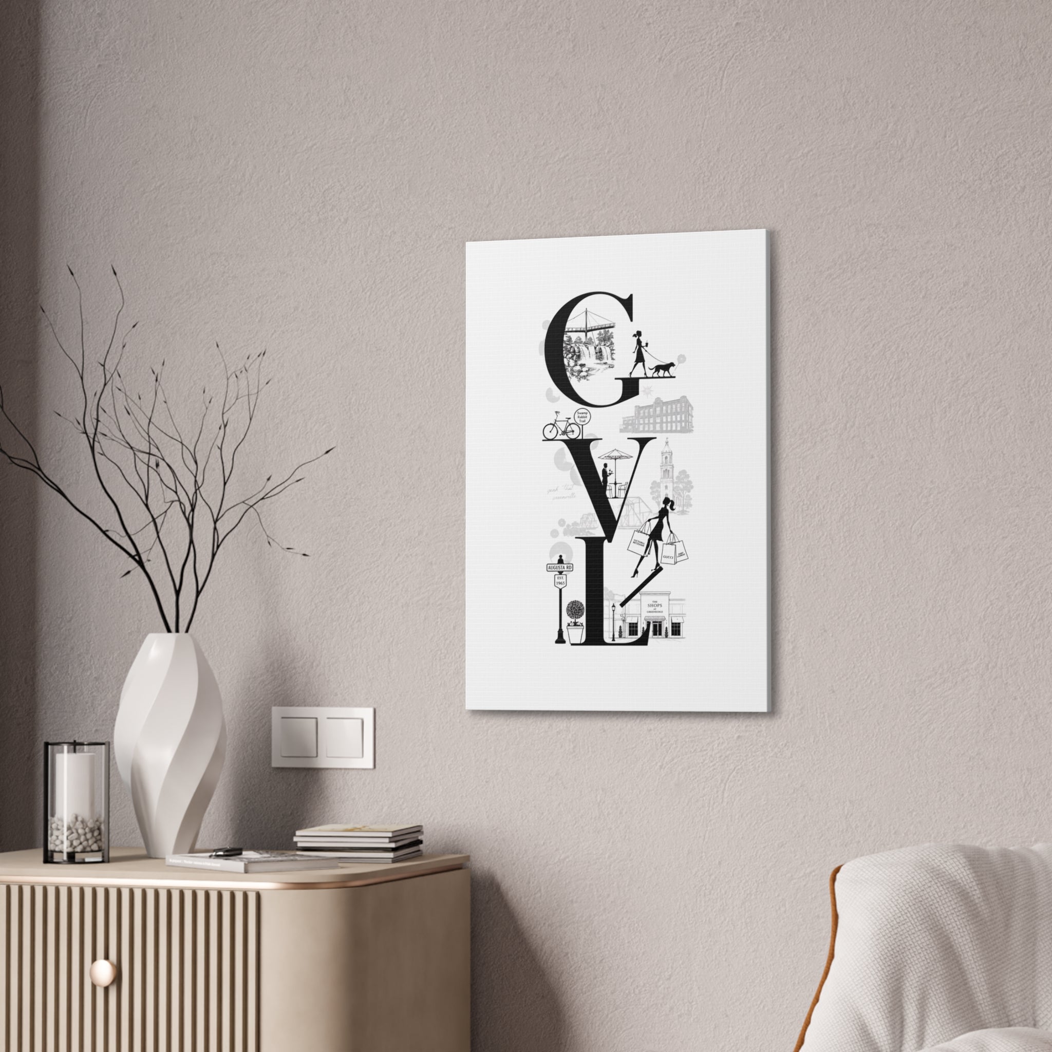 Greenville SC City Vibes Canvas Wall Art  ‘GVL’ Fashion & Travel Silhouette Print