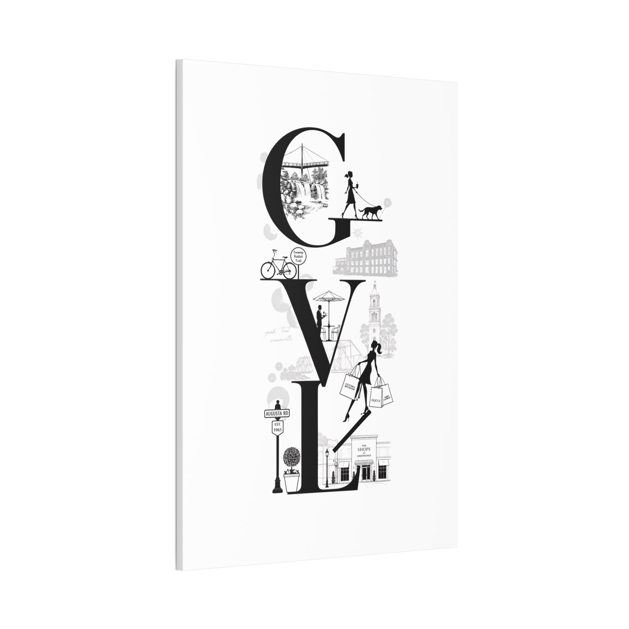 Greenville SC City Vibes Canvas Wall Art  ‘GVL’ Fashion & Travel Silhouette Print