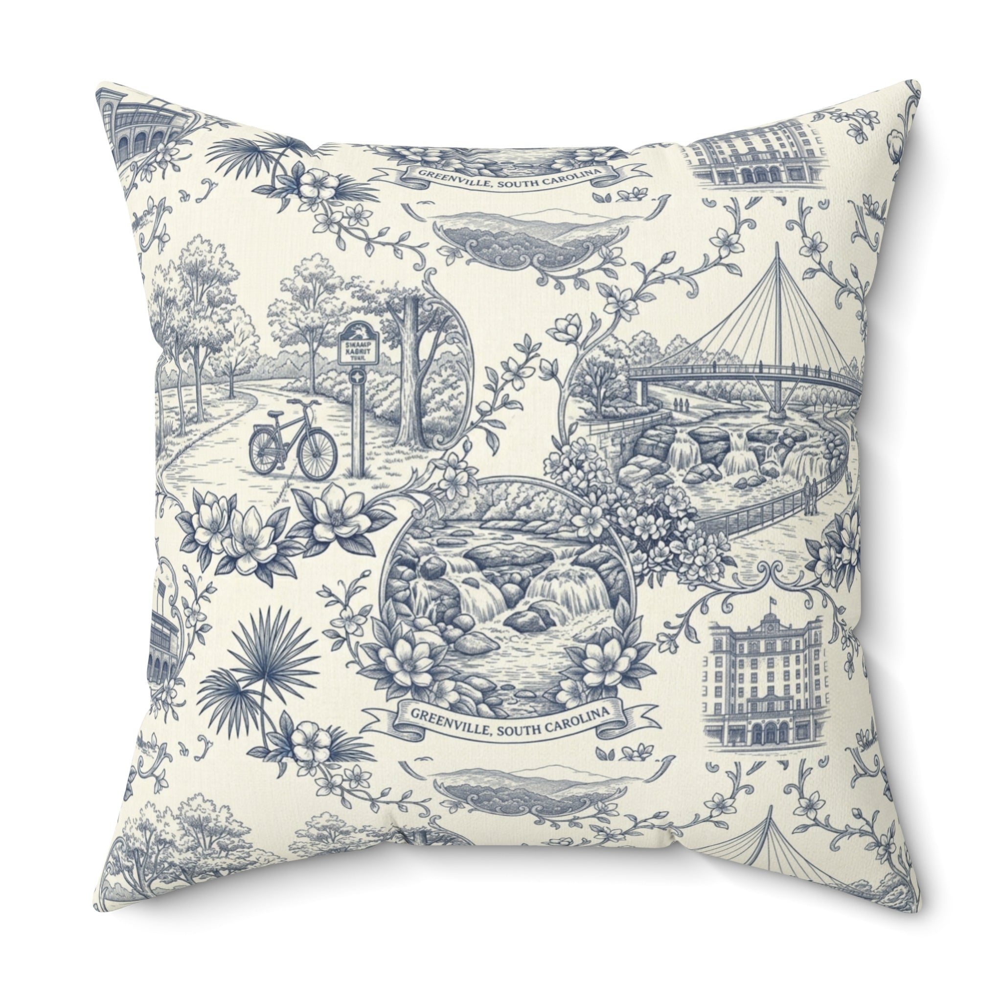 Greenville SC Toile Square Pillow — Southern Cityscape Decorative Pillow