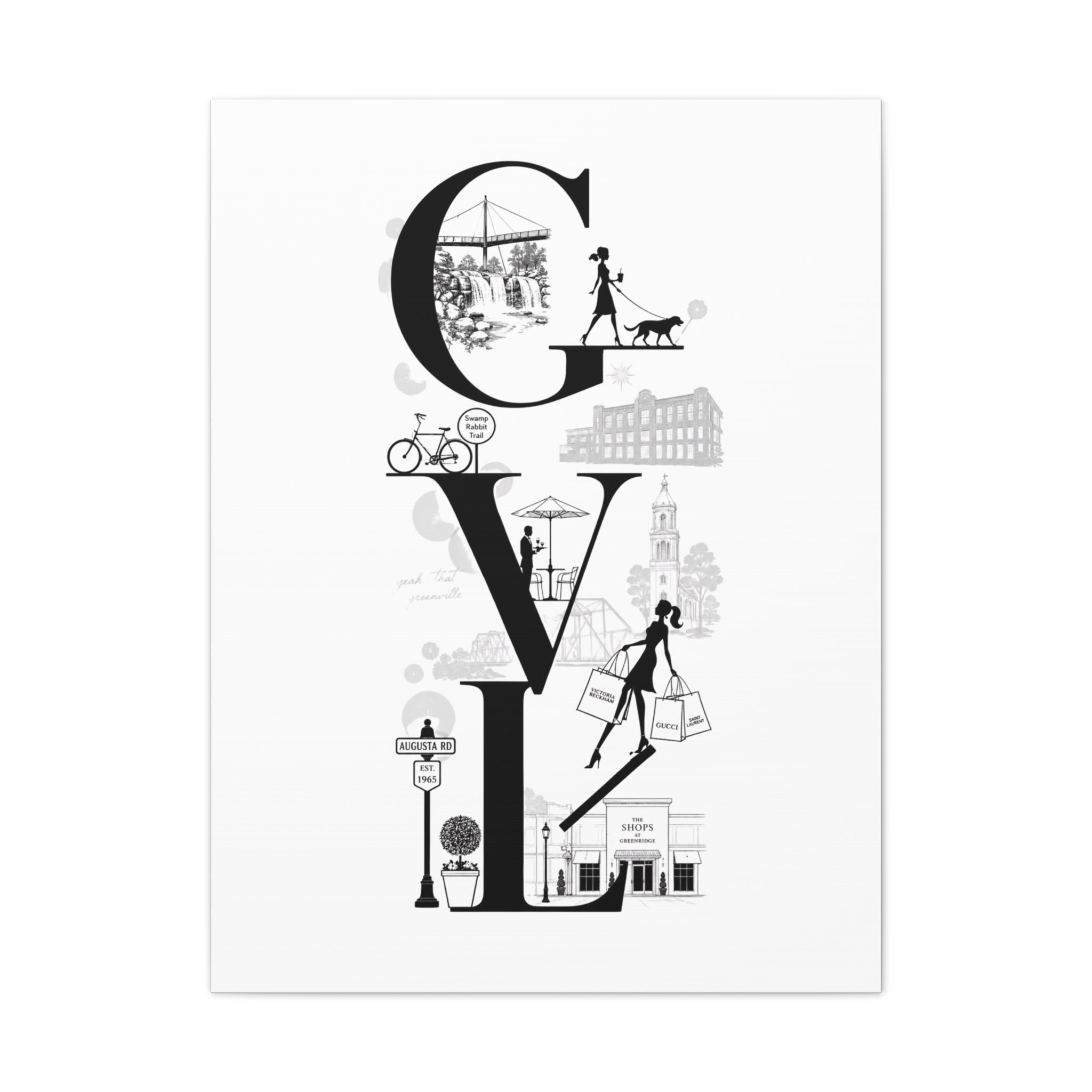 Greenville SC City Vibes Canvas Wall Art  ‘GVL’ Fashion & Travel Silhouette Print