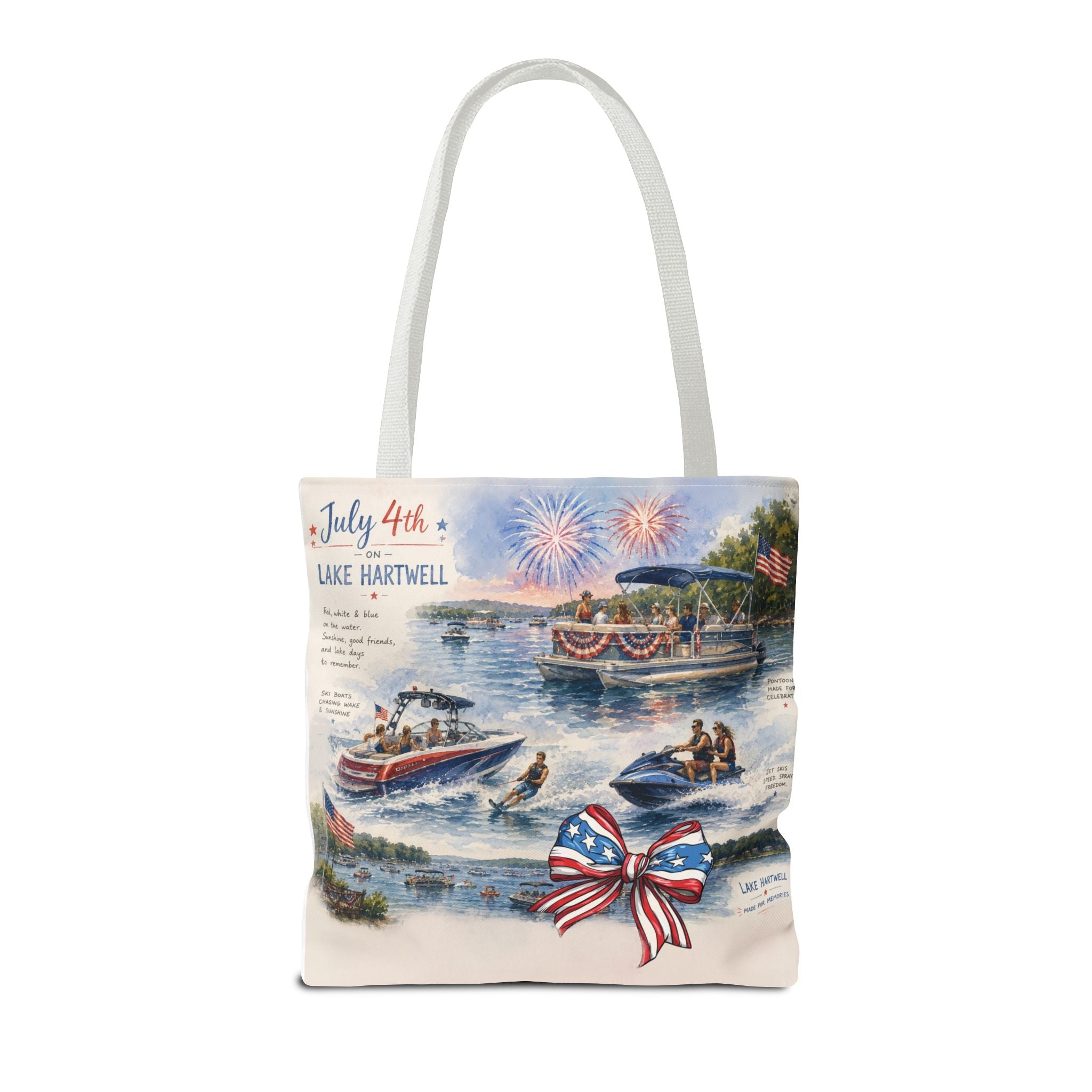 Patriotic 4th of July Lake Scene Tote Bag — 'July 4th Lake Hartwell' American Flag Bow