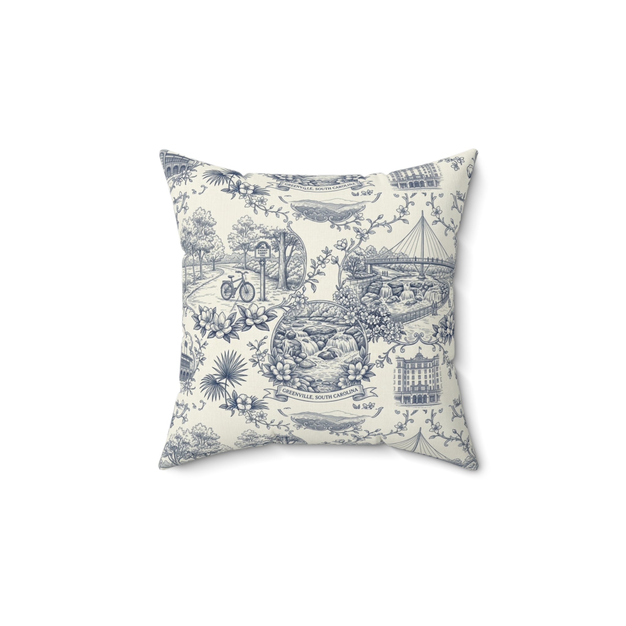 Greenville SC Toile Square Pillow — Southern Cityscape Decorative Pillow