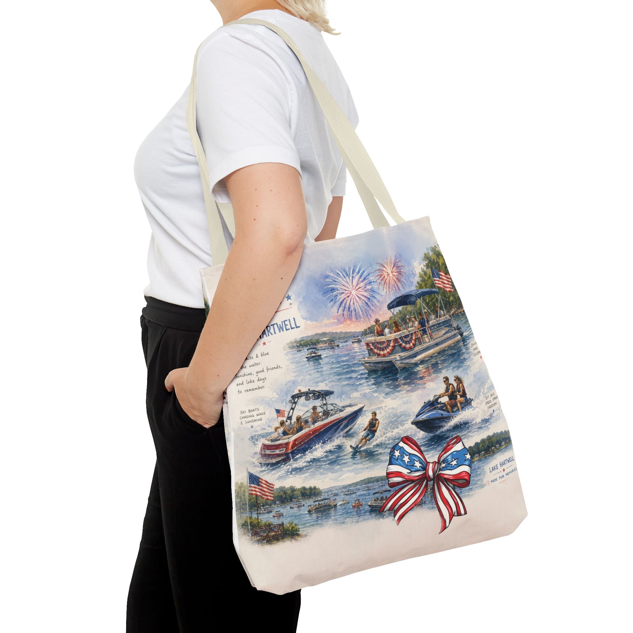 Patriotic 4th of July Lake Scene Tote Bag — 'July 4th Lake Hartwell' American Flag Bow