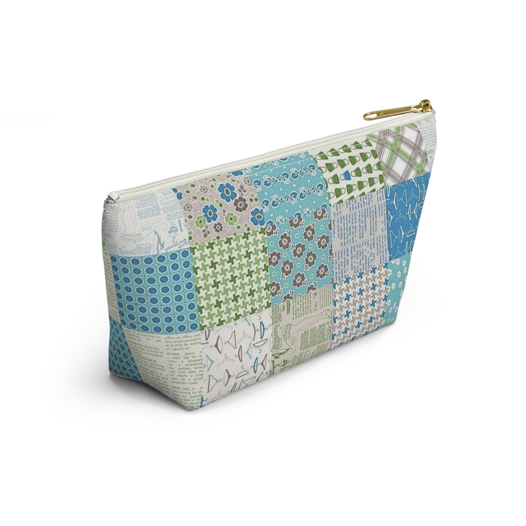 Blue & Green Patchwork Accessory Pouch — Zippered T‑Bottom Bag