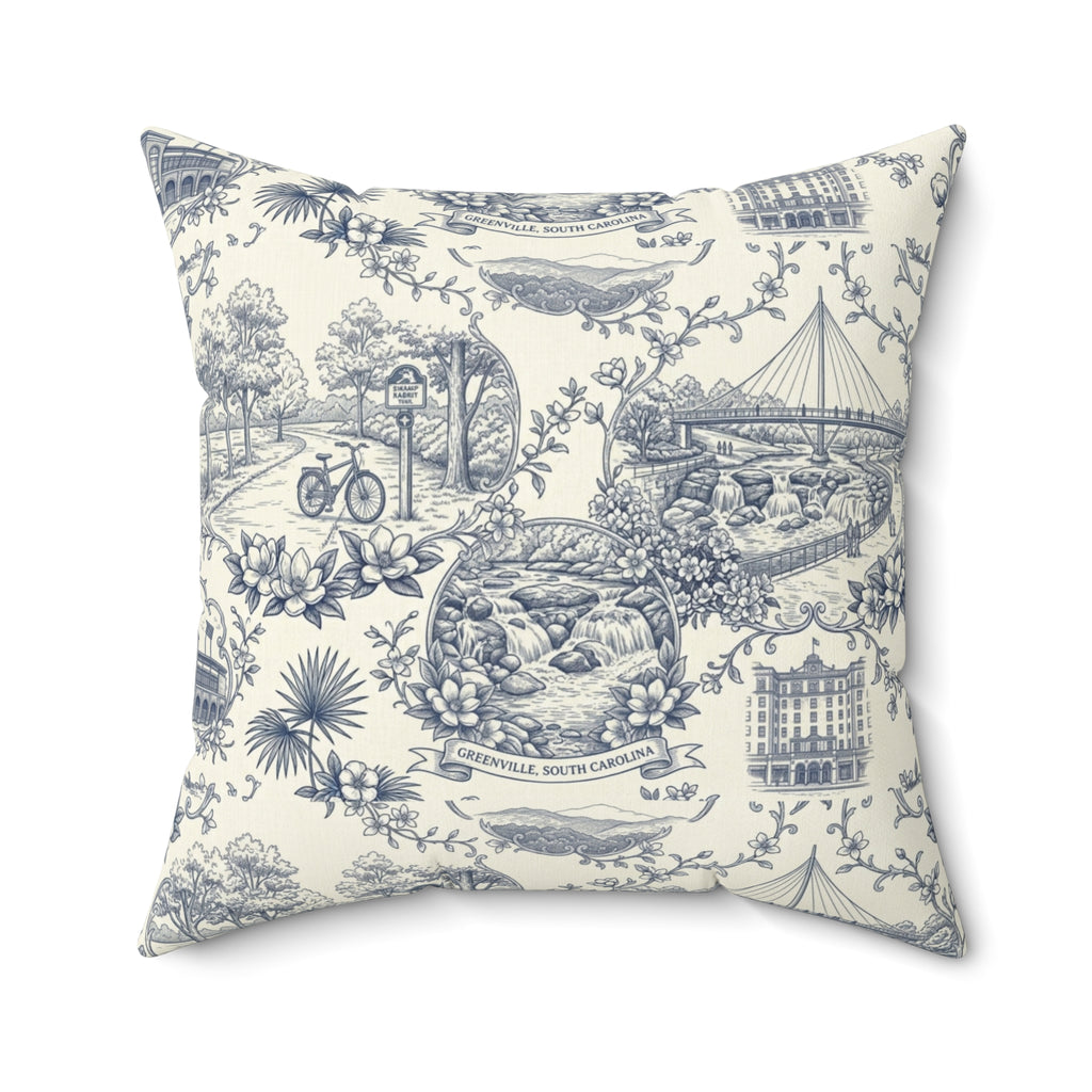 Greenville SC Blue Toile Square Pillow Southern Cityscape Decorative Pillow