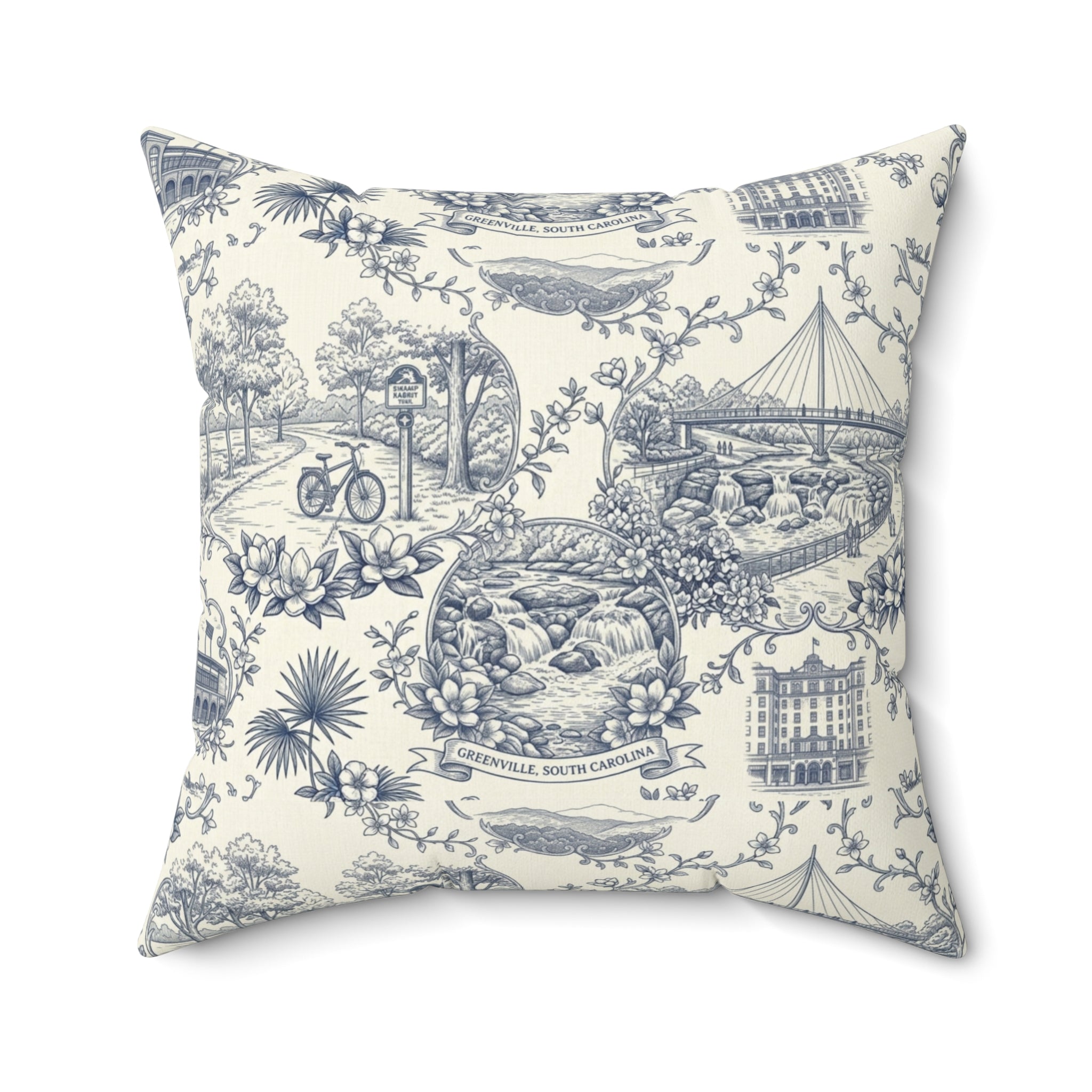 Greenville SC Toile Square Pillow — Southern Cityscape Decorative Pillow
