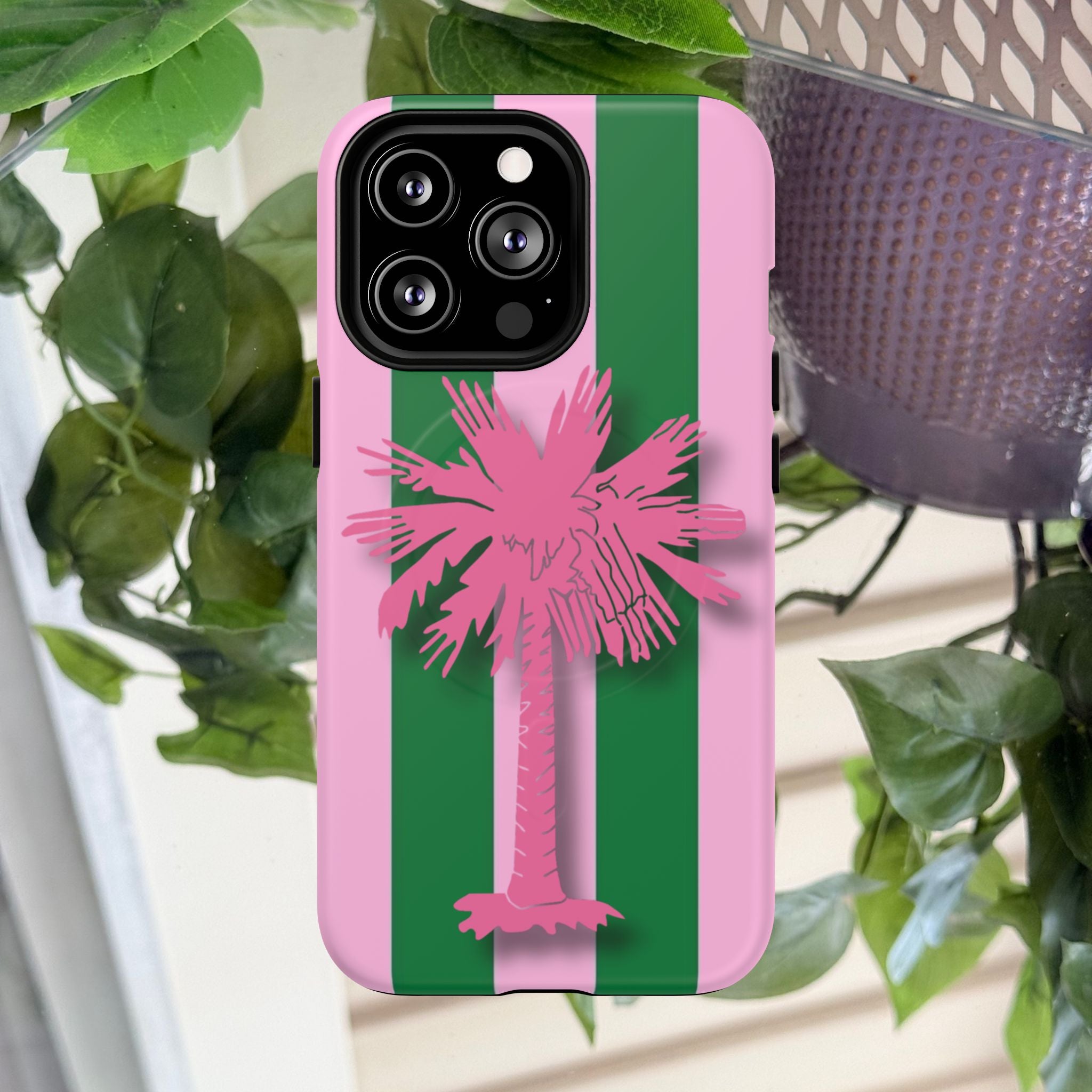 Preppy Pink & Green Striped Palm Magnetic Phone Case