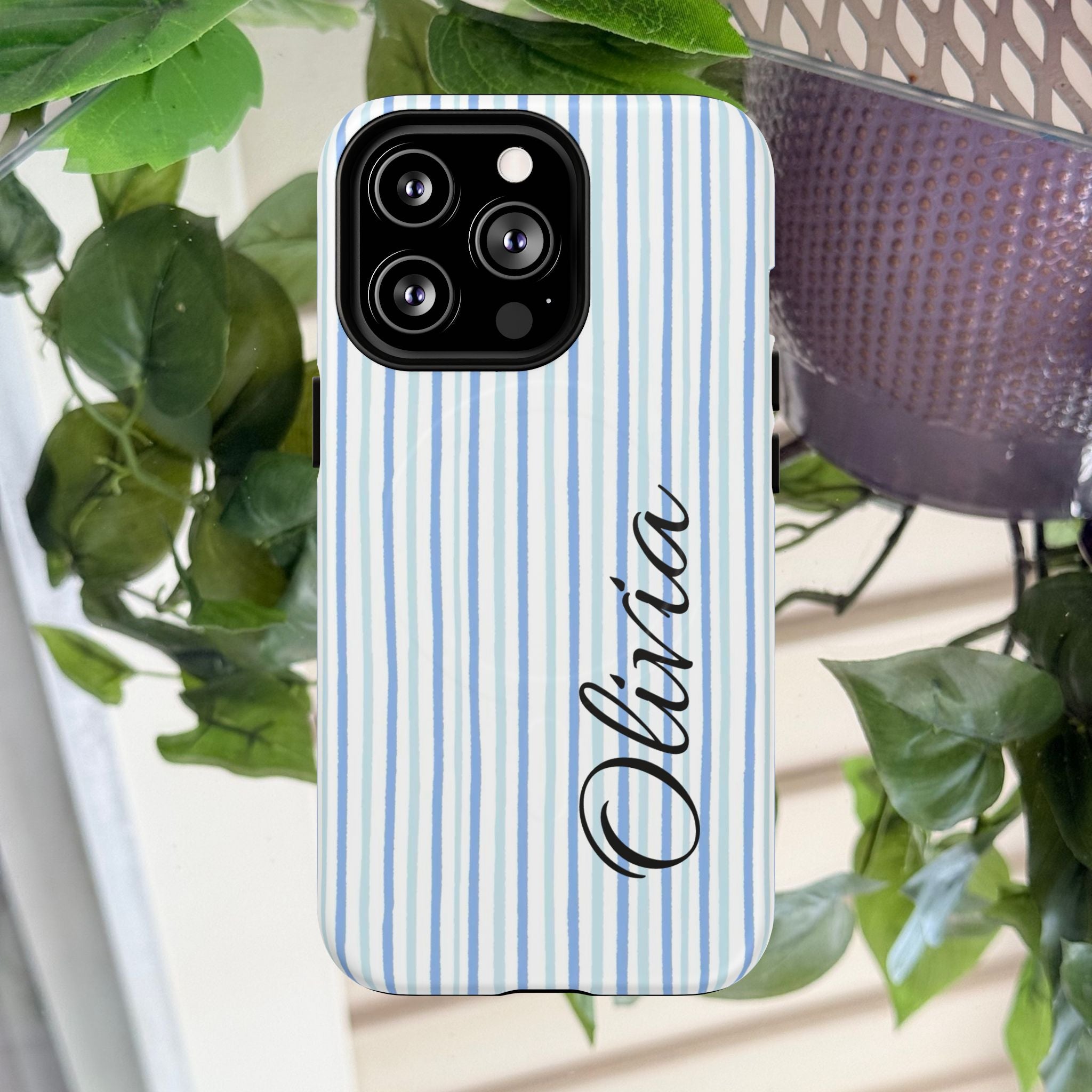 Personalized Light Blue Striped Tough Magnetic Phone Case