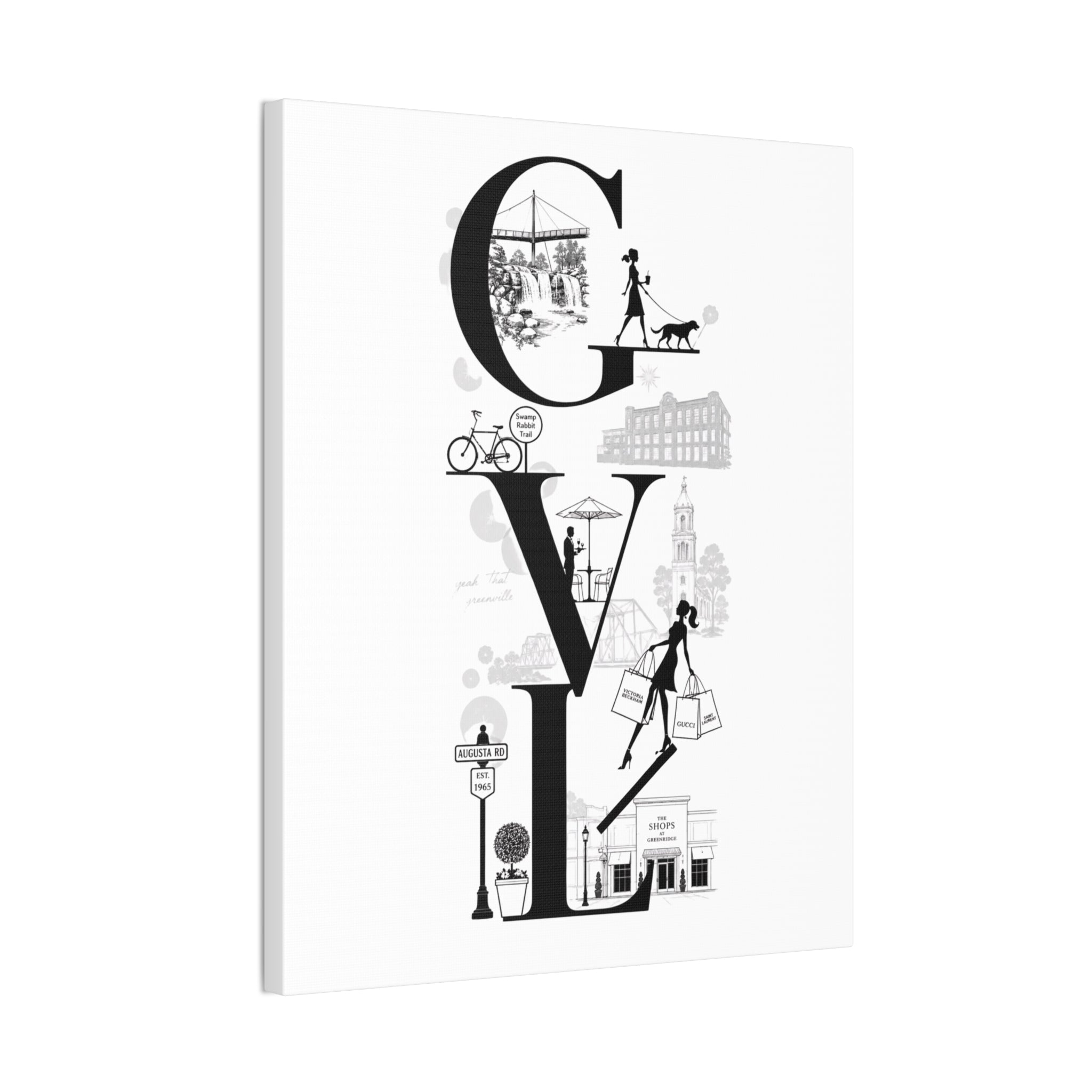 Greenville SC City Vibes Canvas Wall Art  ‘GVL’ Fashion & Travel Silhouette Print