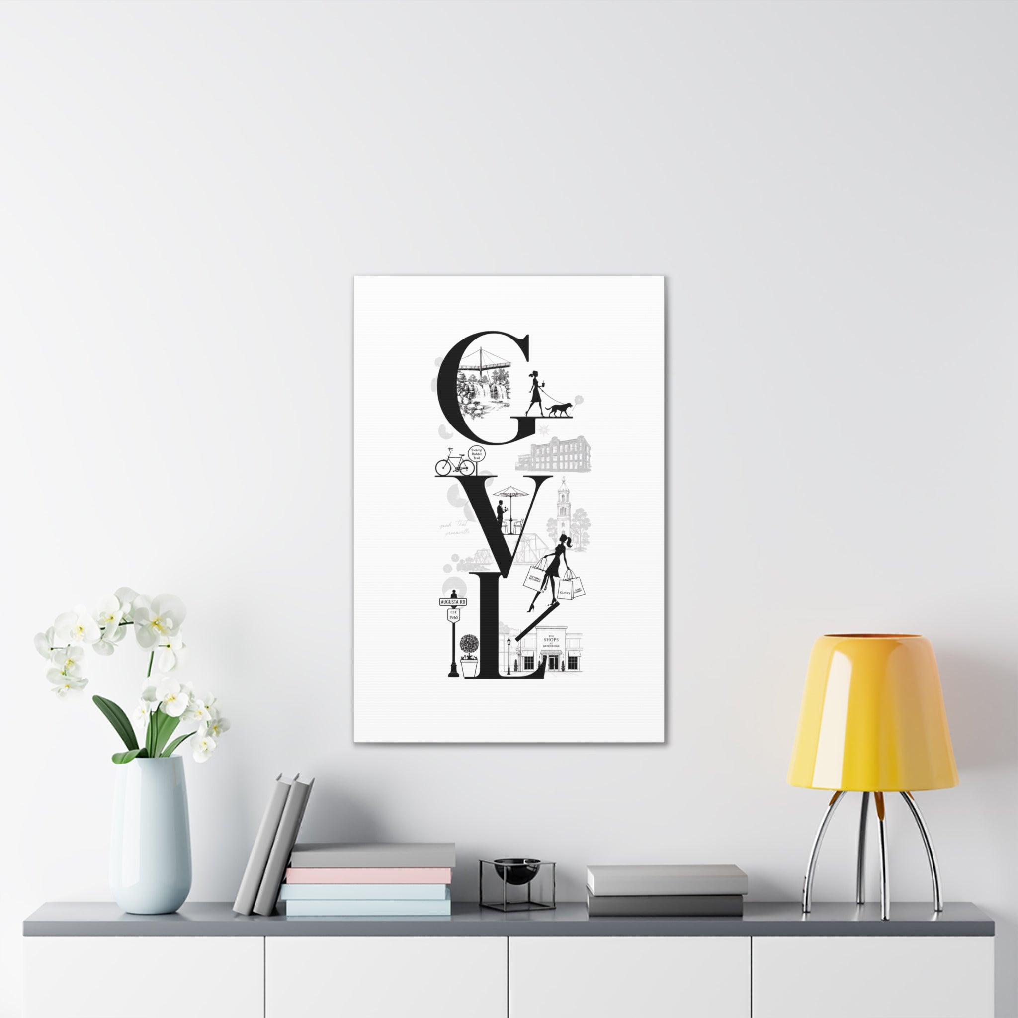 Greenville SC City Vibes Canvas Wall Art  ‘GVL’ Fashion & Travel Silhouette Print