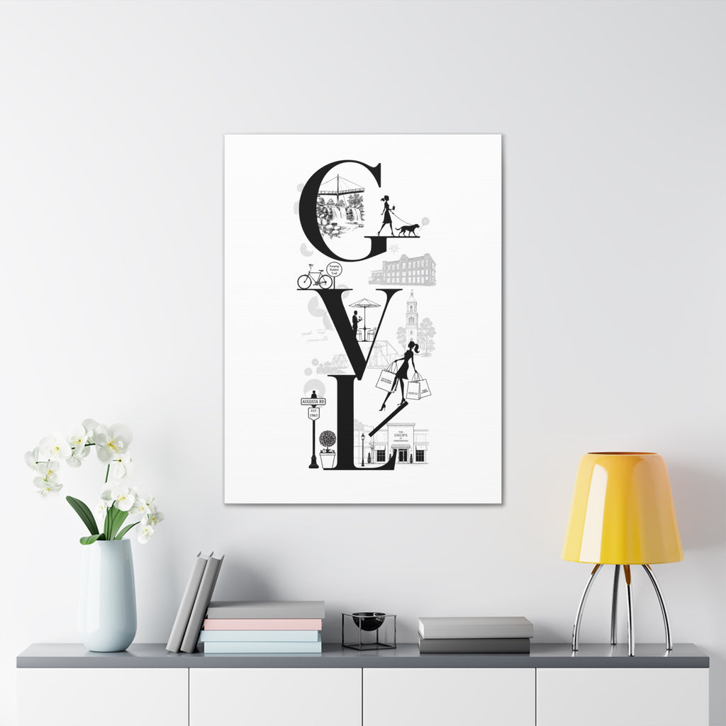 Greenville SC City Vibes Canvas Wall Art  ‘GVL’ Fashion & Travel Silhouette Print