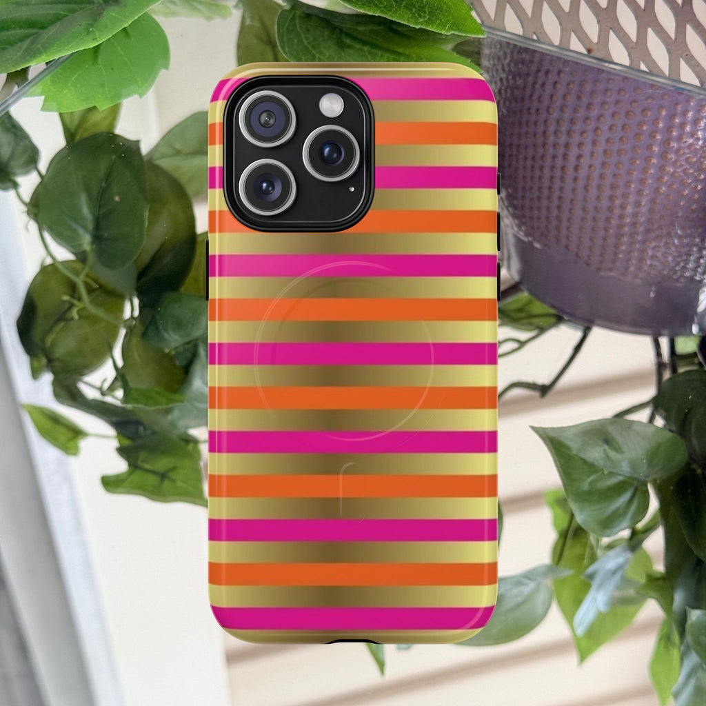 Bright Pink & Orange Striped Foil Gold Magnetic Phone Case