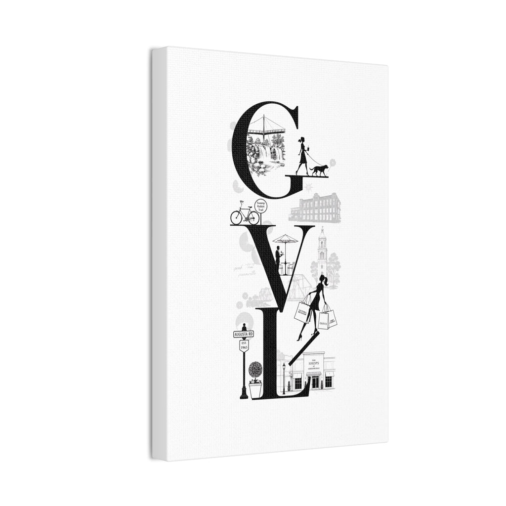 Greenville SC City Vibes Canvas Wall Art  ‘GVL’ Fashion & Travel Silhouette Print