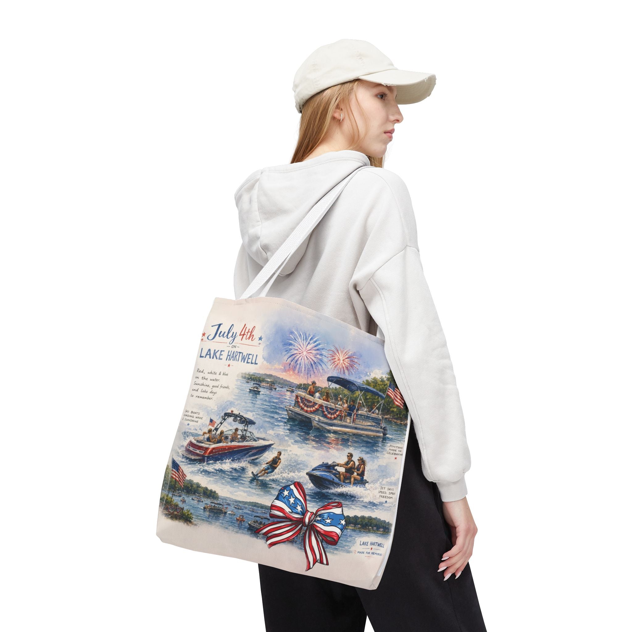 Patriotic 4th of July Lake Scene Tote Bag — 'July 4th Lake Hartwell' American Flag Bow
