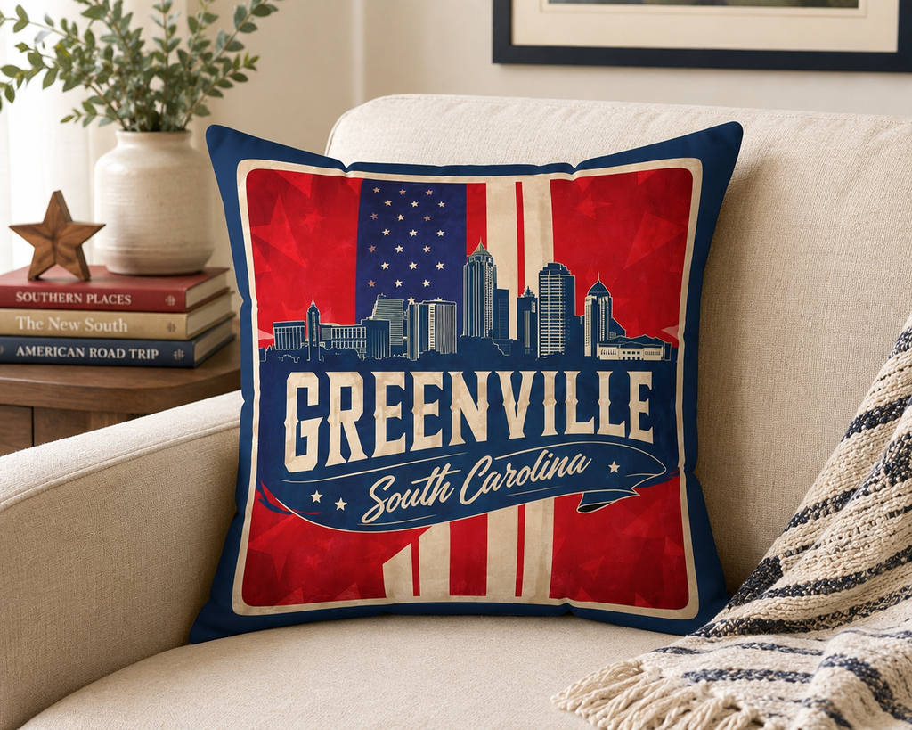 Greenville SC Skyline Pillow Blue and Red Typography Square Throw Pillow
