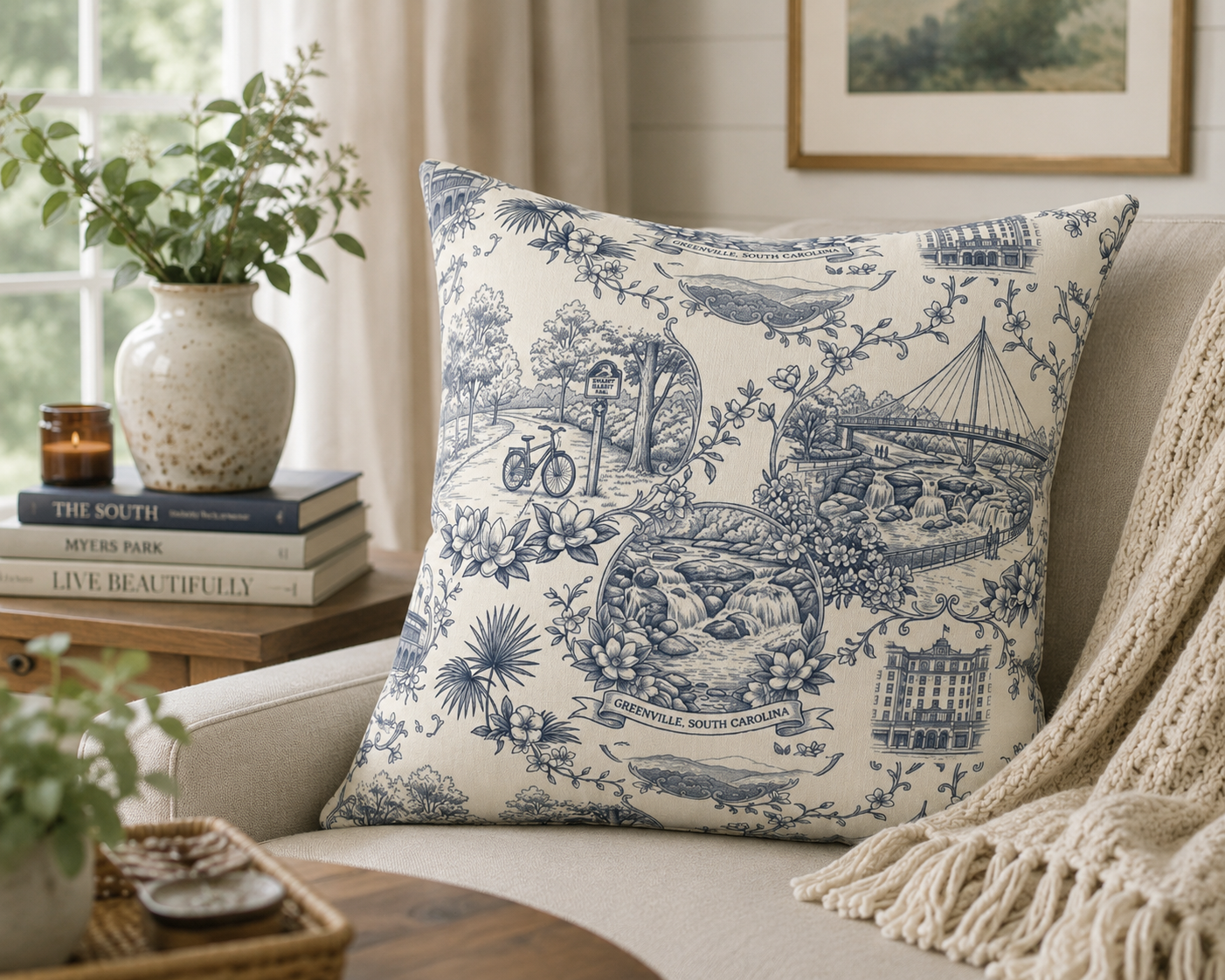 Greenville SC Blue Toile Square Pillow Southern Cityscape Decorative Pillow