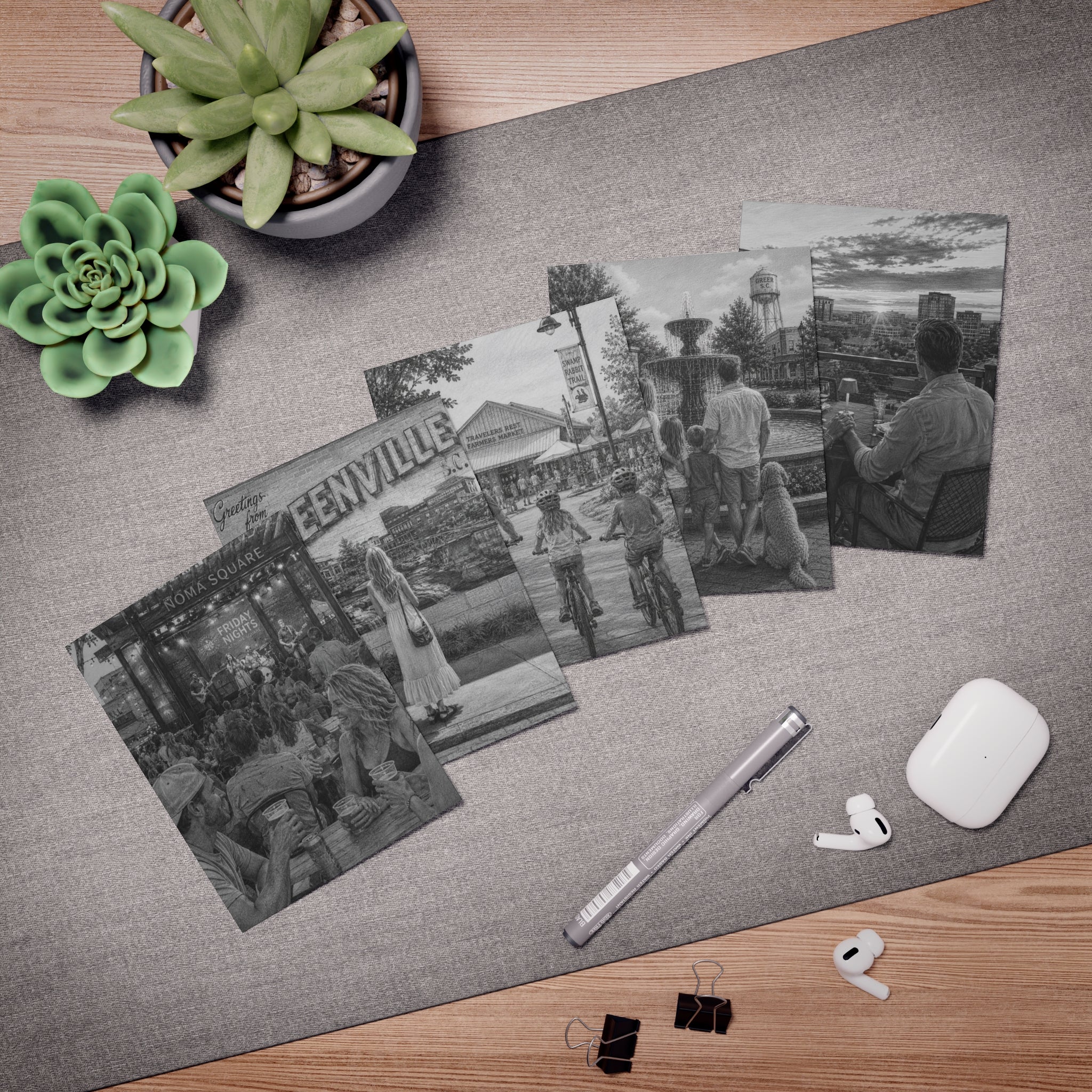The 864 Upstate SC Greeting Cards (5-Pack) — Pencil Sketch Notecards, Blank Inside
