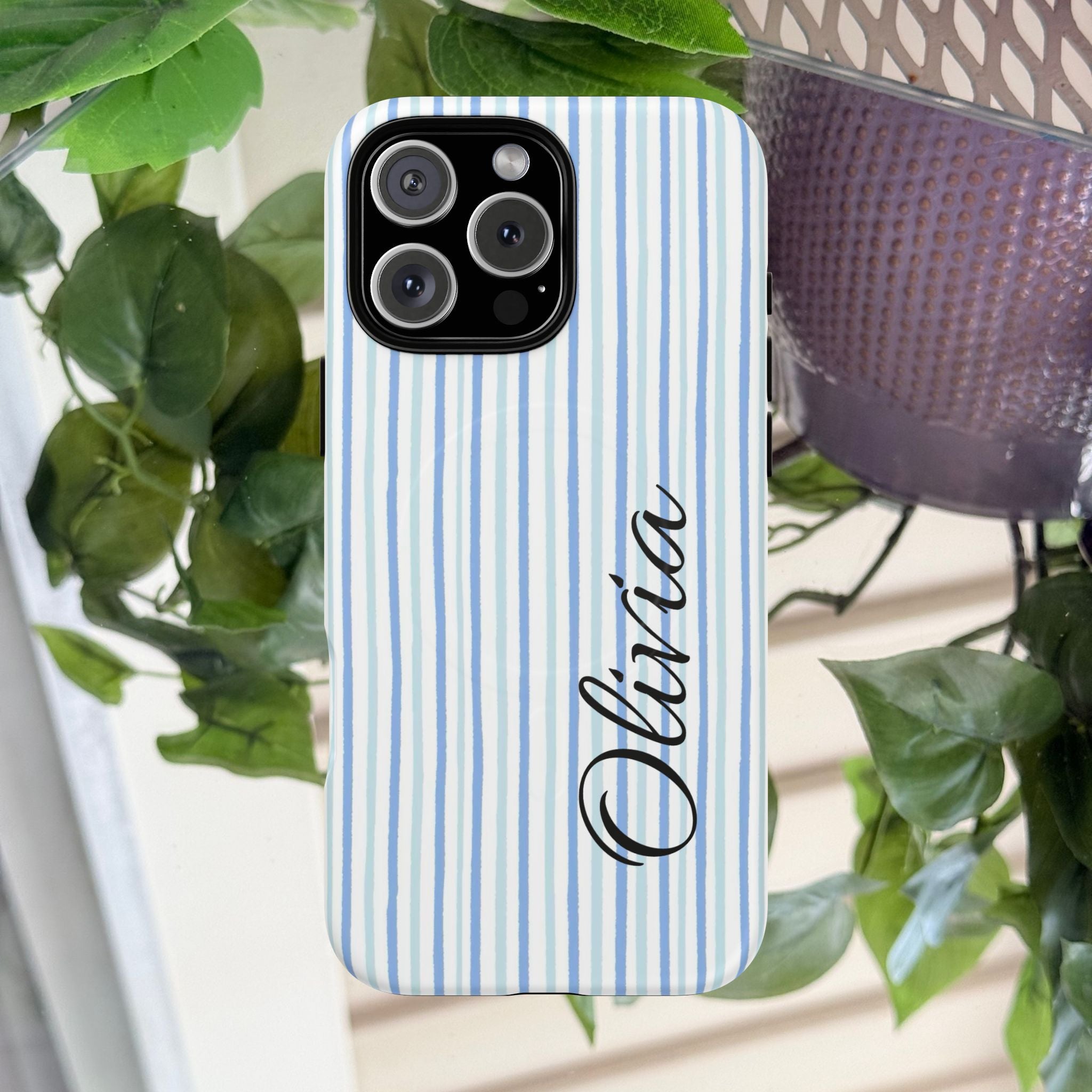Personalized Light Blue Striped Tough Magnetic Phone Case