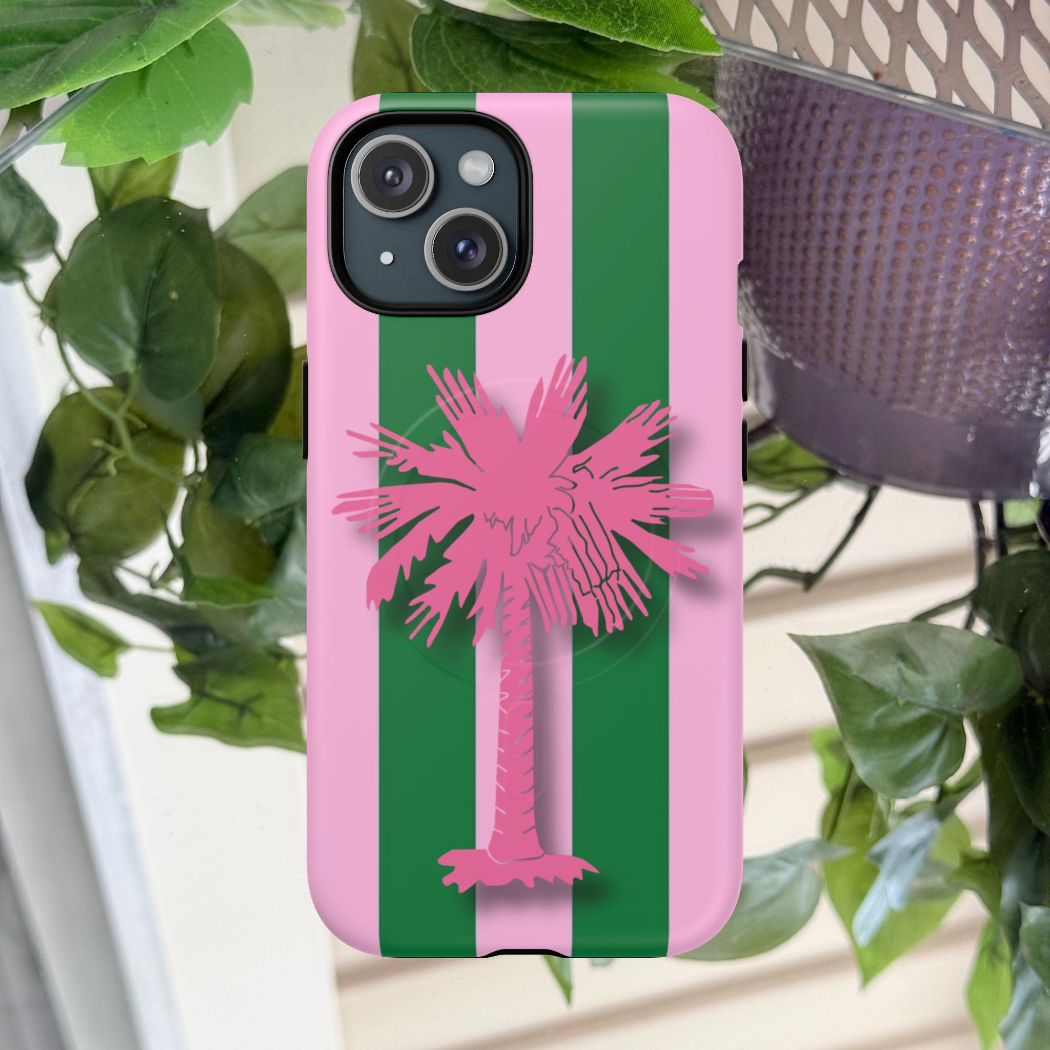 Preppy Pink & Green Striped Palm Magnetic Phone Case