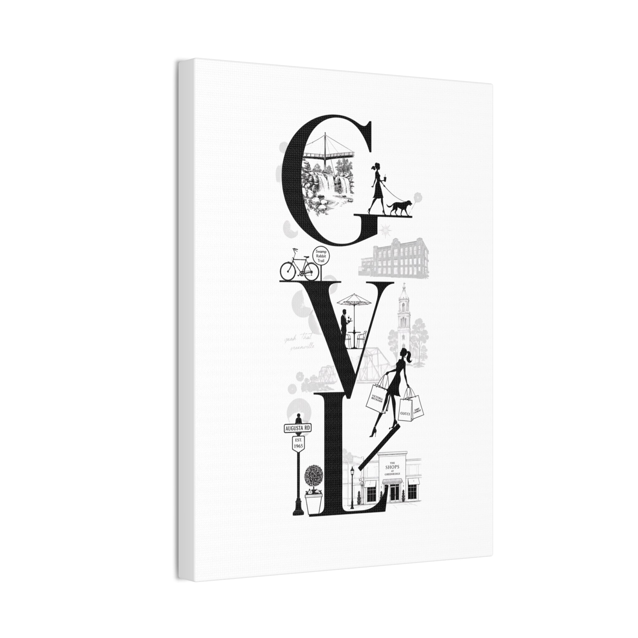 Greenville SC City Vibes Canvas Wall Art  ‘GVL’ Fashion & Travel Silhouette Print