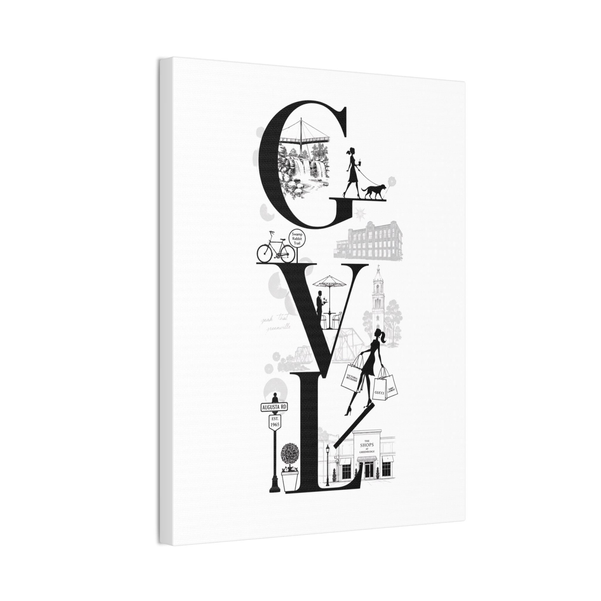 Greenville SC City Vibes Canvas Wall Art  ‘GVL’ Fashion & Travel Silhouette Print