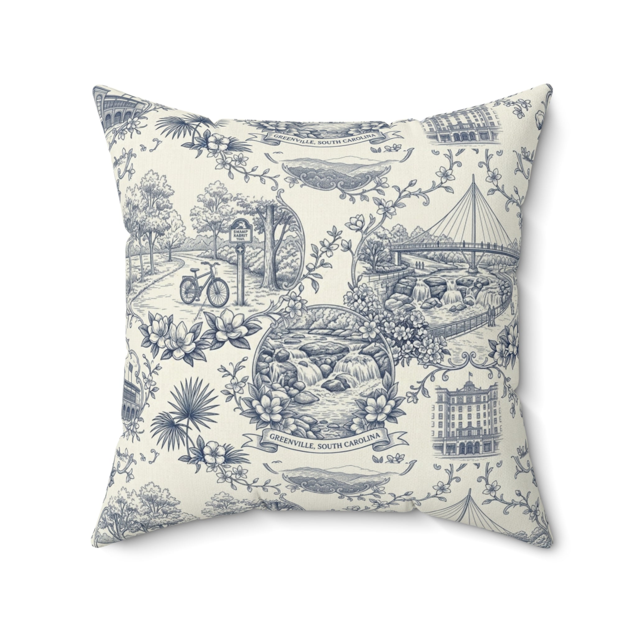 Greenville SC Toile Square Pillow — Southern Cityscape Decorative Pillow