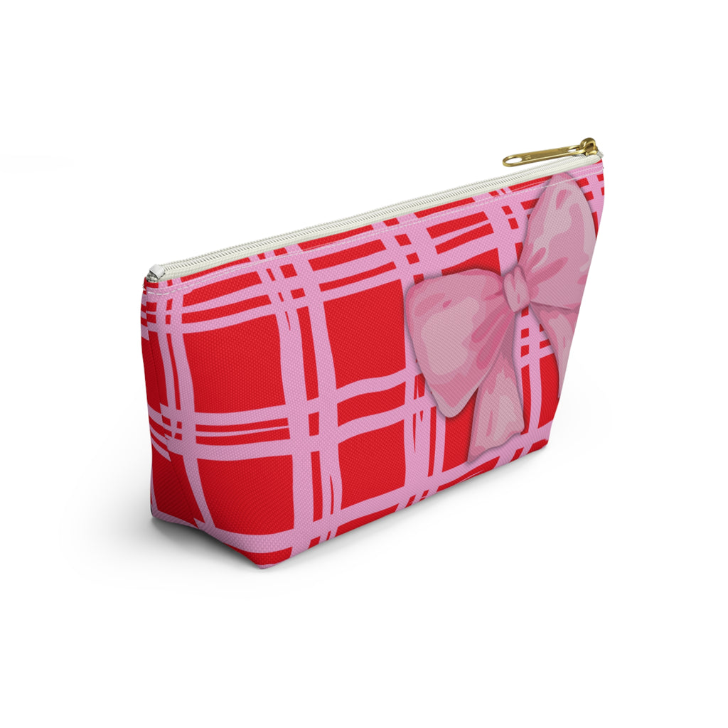 Preppy Pink Bow Red & Pink Pattern Accessory Pouch