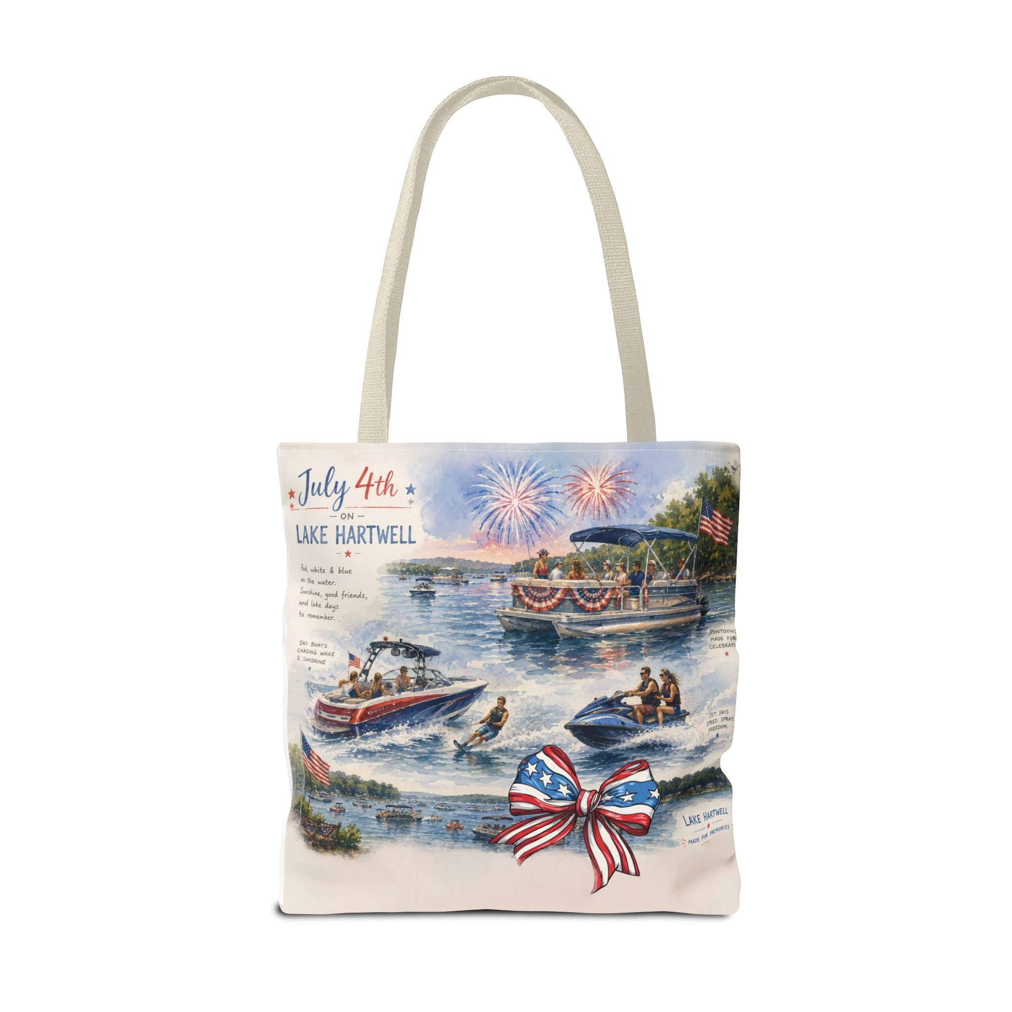 Patriotic 4th of July Lake Scene Tote Bag — 'July 4th Lake Hartwell' American Flag Bow