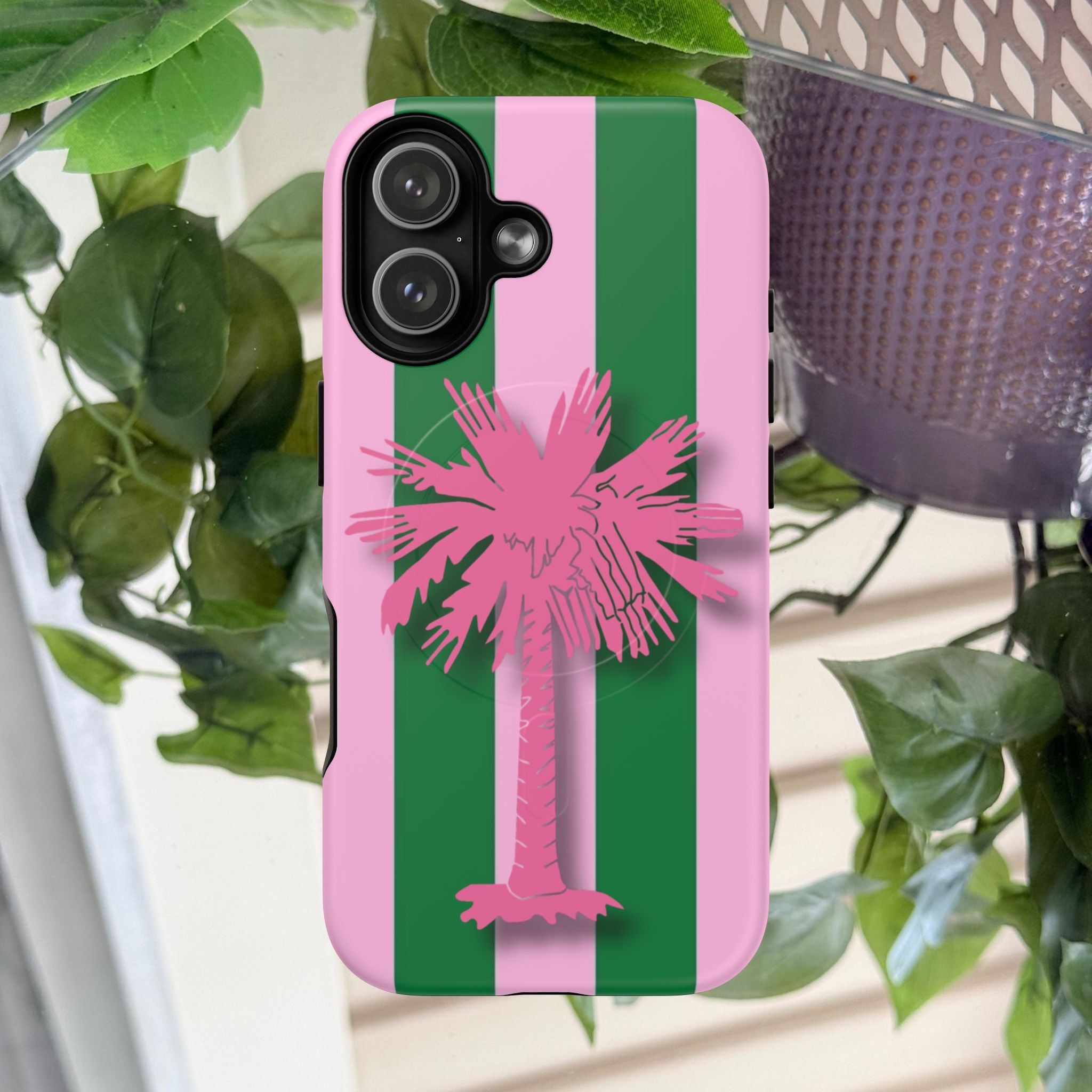Preppy Pink & Green Striped Palm Magnetic Phone Case