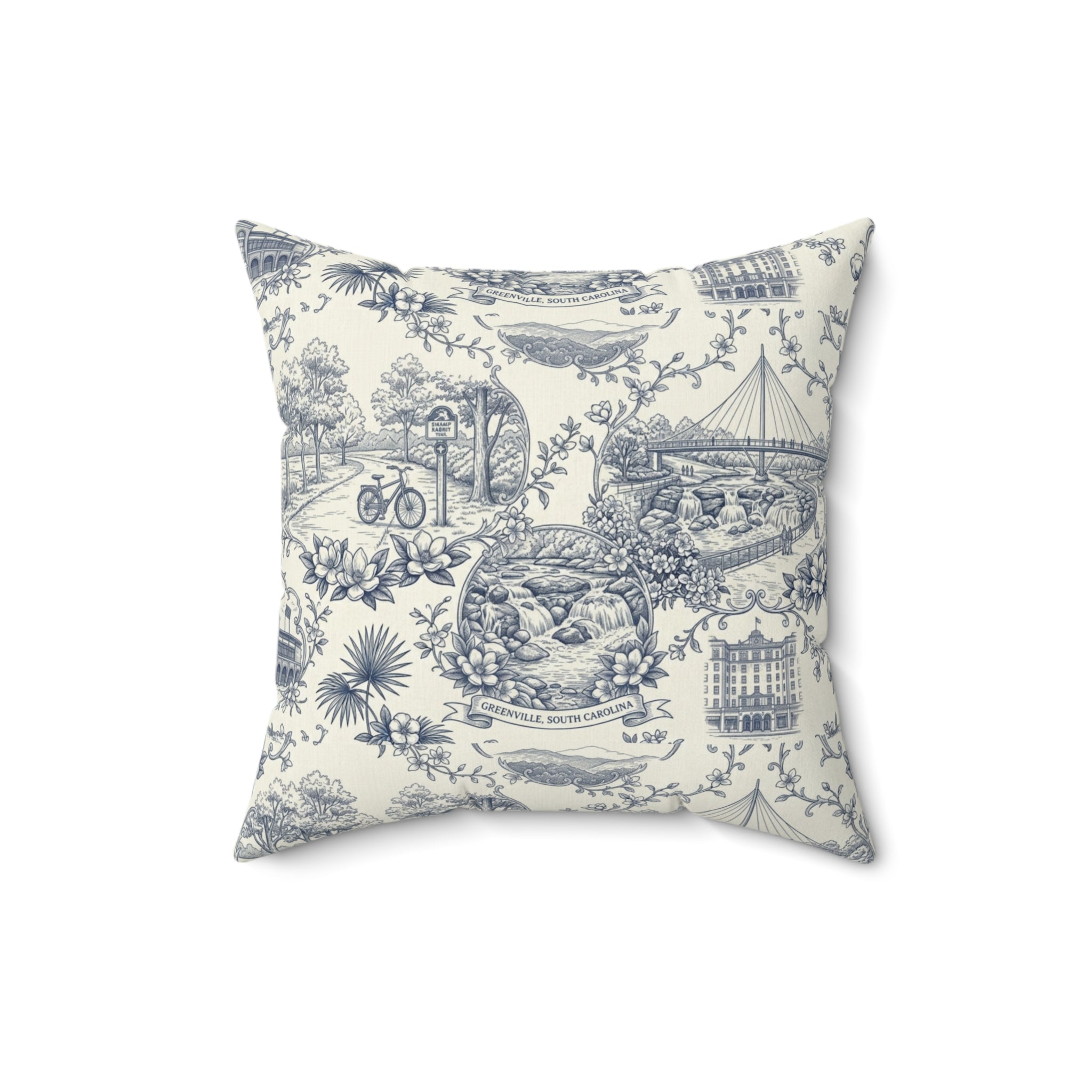 Greenville SC Toile Square Pillow — Southern Cityscape Decorative Pillow