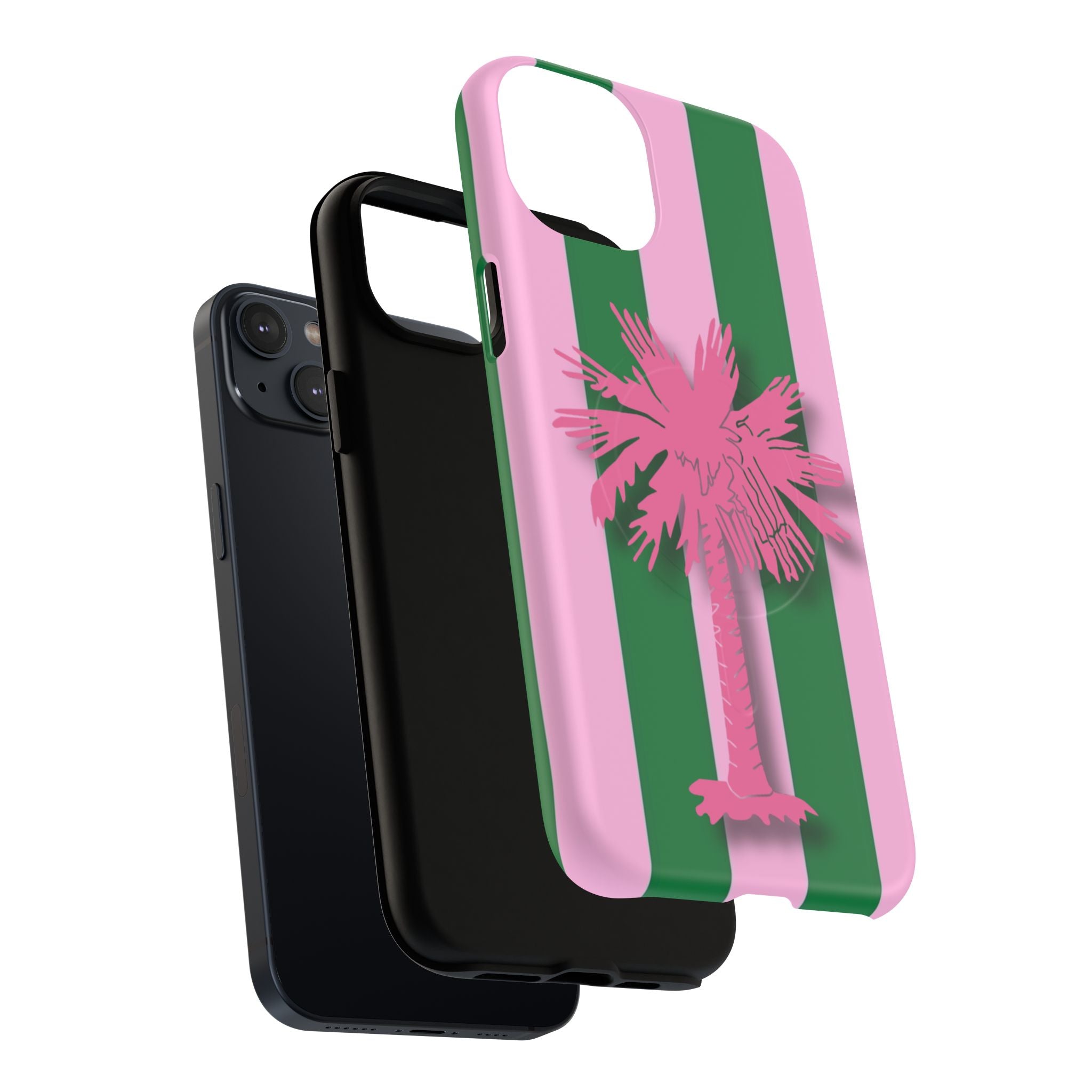 Preppy Pink & Green Striped Palm Magnetic Phone Case